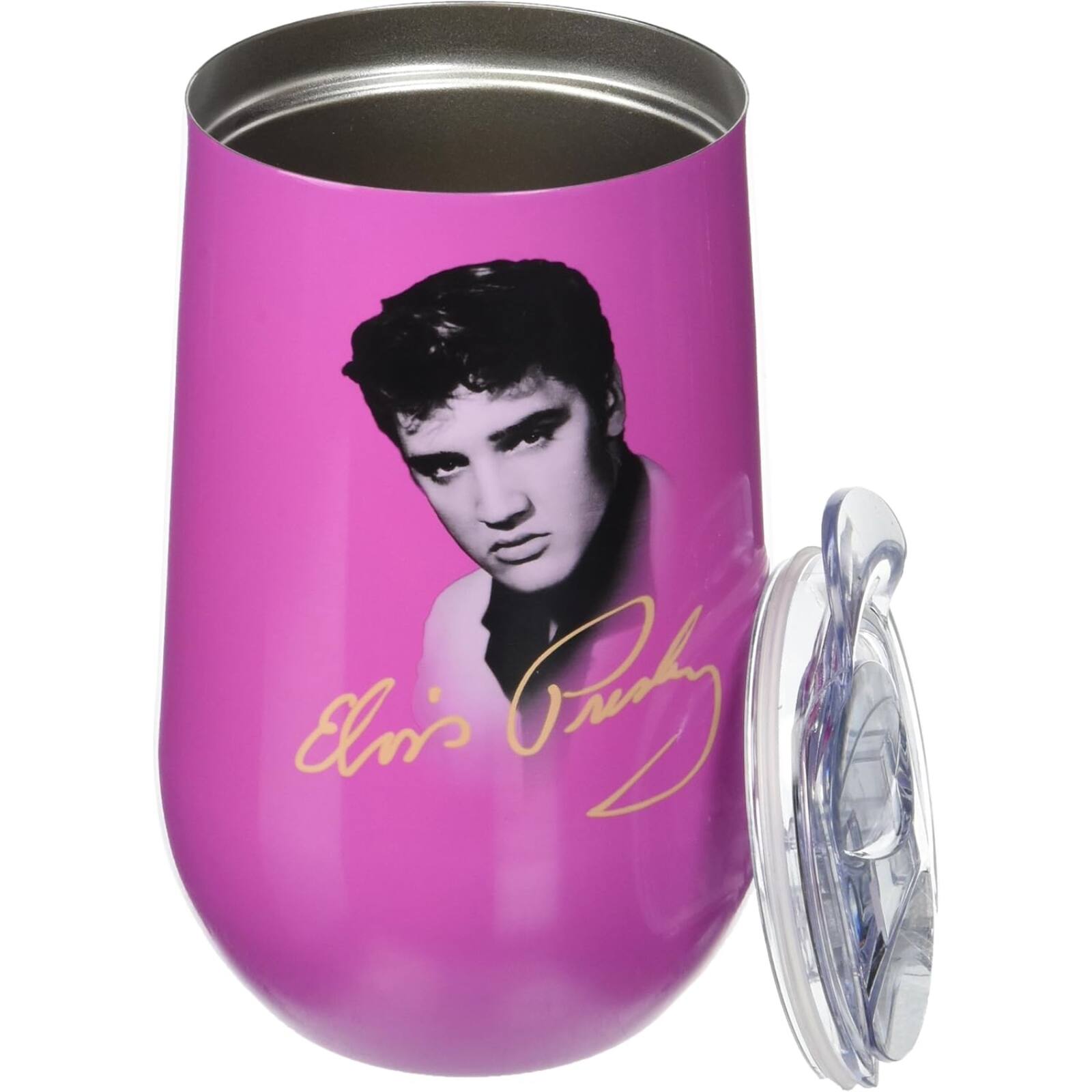 Angle. Spoontiques - Pink Elvis Presley Logo Stainless Steel Double Wall Insulated Wine Tumbler 16 ounce - Pink.