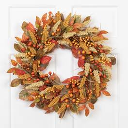 Northlight - Autumn Leaves, Grass Blades and Berries Artificial Fall Harvest Wreath - 24" - Orange