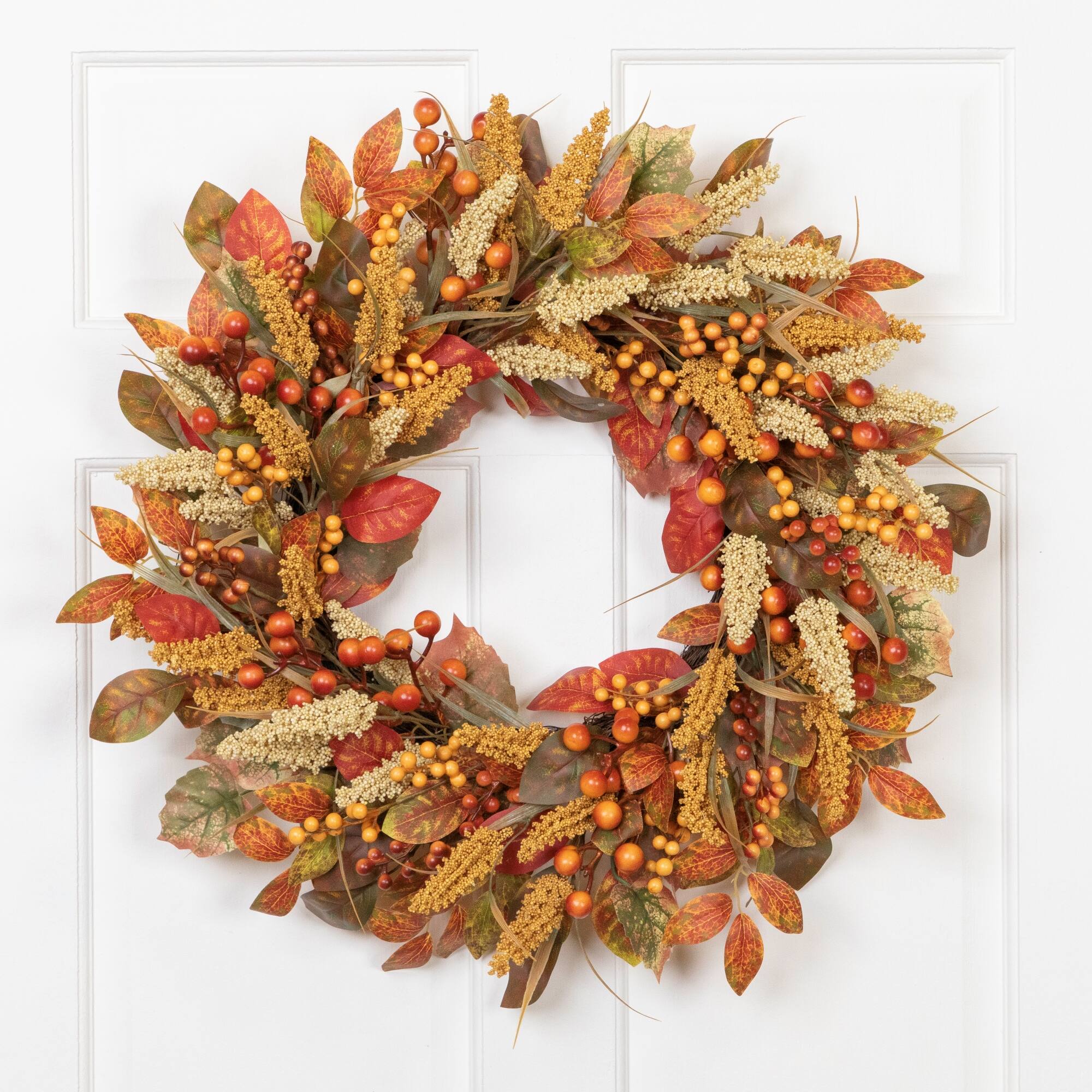 Front. Northlight - Autumn Leaves, Grass Blades and Berries Artificial Fall Harvest Wreath - 24" - Orange.