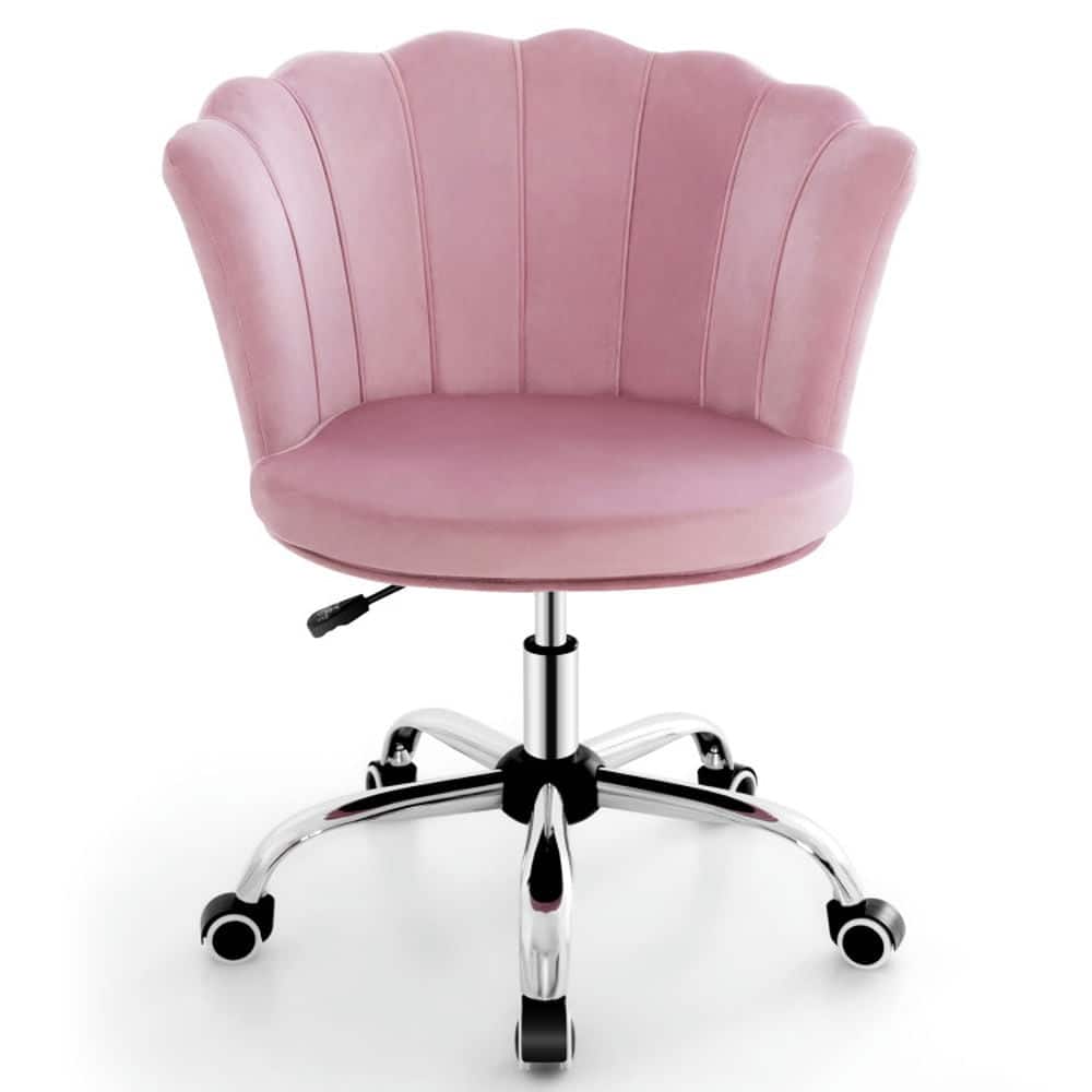 Kadyn - Adjustable Vanity Velvet Chair with Seashell Back and Wheels- Home Office Computer Desk Chair, Small Office Chair - Pink