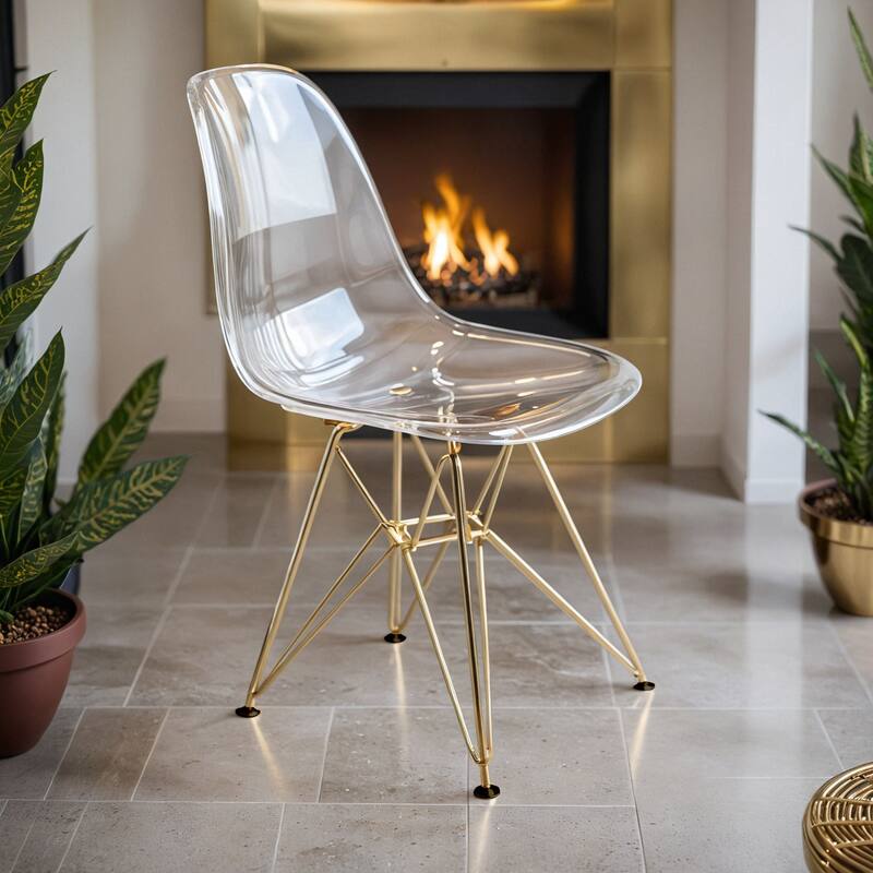 Angle. LeisureMod - Cresco Modern Acrylic Dining Chair with Ergonomic Seat and Gold Steel Base - Clear.