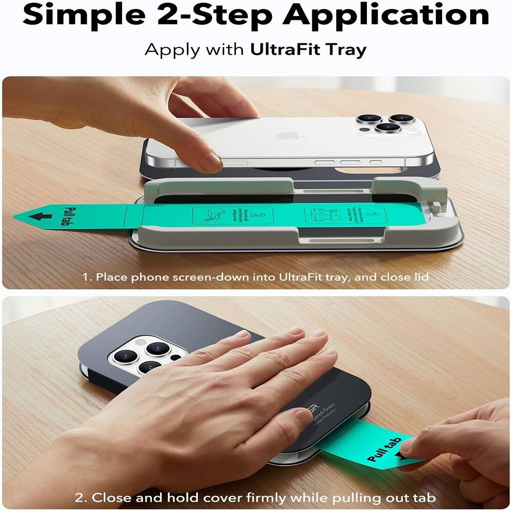 Simple 2-Step Application  
Apply with UltraFit Tray  

1. Place phone screen-down into UltraFit tray, and close lid  
2. Close and hold cover firmly while pulling out tab