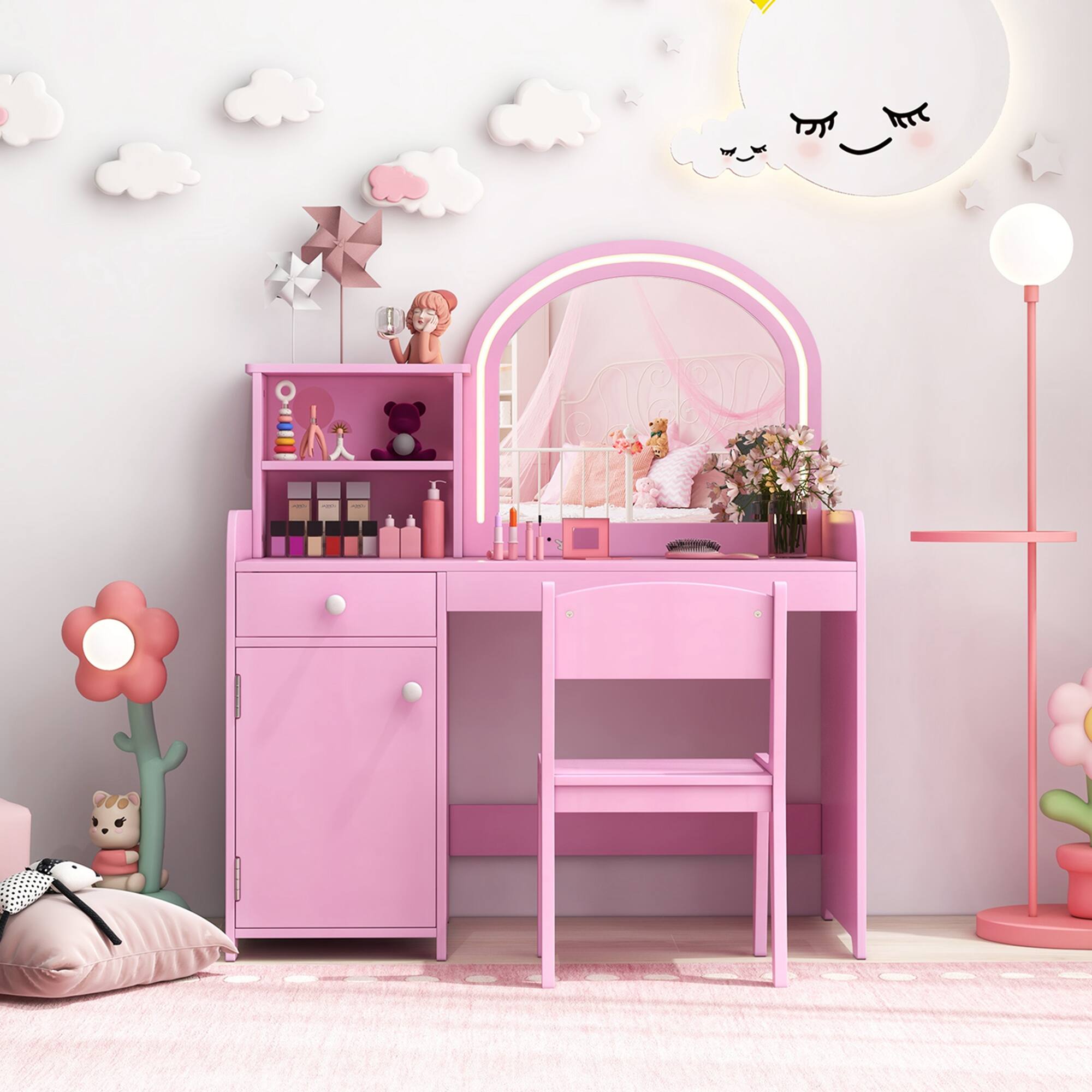 Alt View 1. Costway - Costway Kid Vanity Table Chair Set 2-Color LED Lights Large Drawer Shelf Cabinet - Pink.