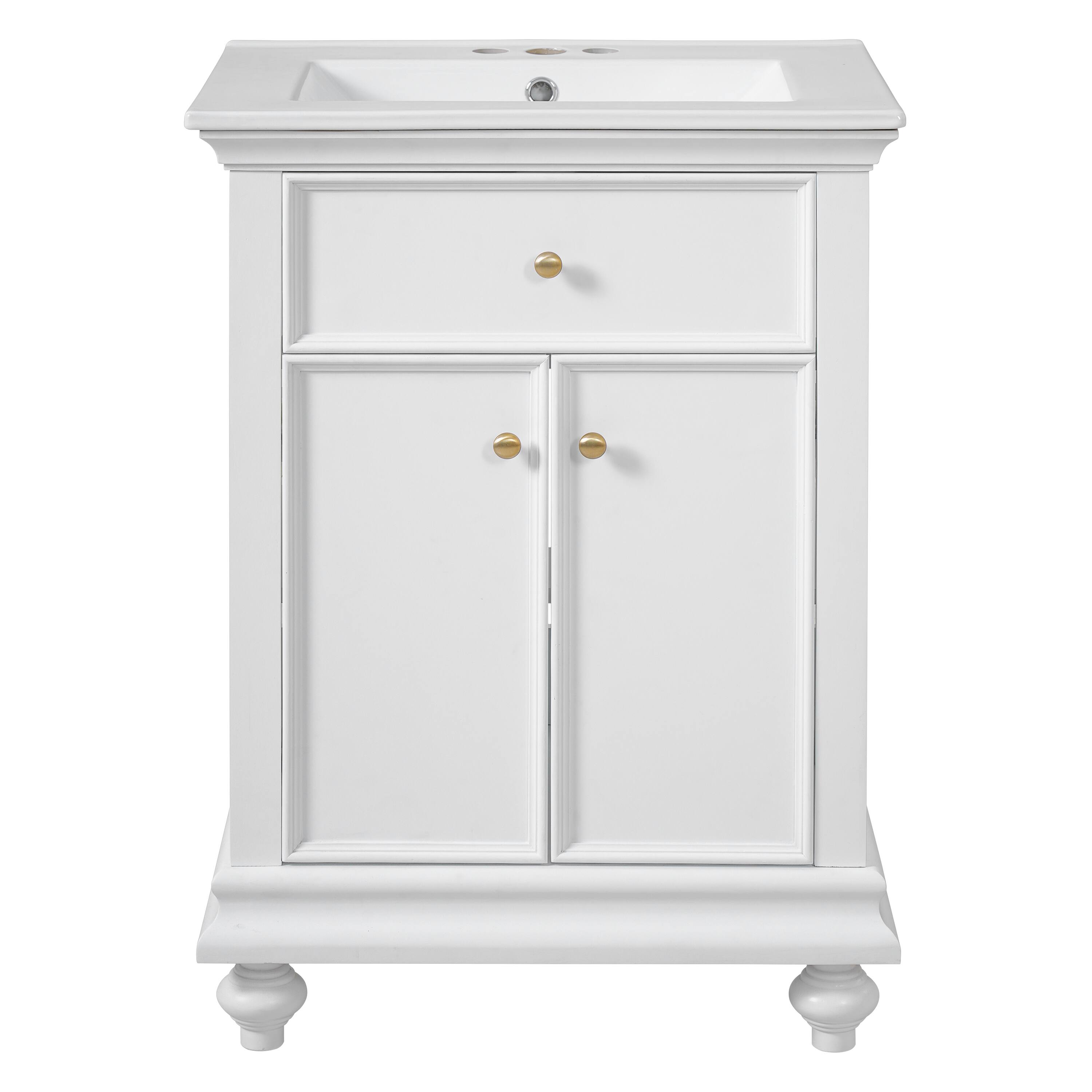 Back. Whisen - 24" Modern Bathroom Vanity Cabinet with Sink Tip-Out Soft-Close Hinges Back Open Ball-Turned Legs - White.