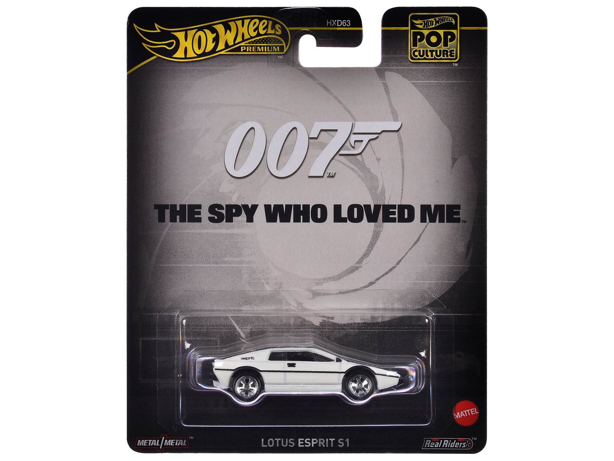 Hot Wheels Premium  
HXD63  
Pop Culture  
007  
The Spy Who Loved Me  
Mattel - Metal/Metal  
Lotus Esprit S1  
Real Riders