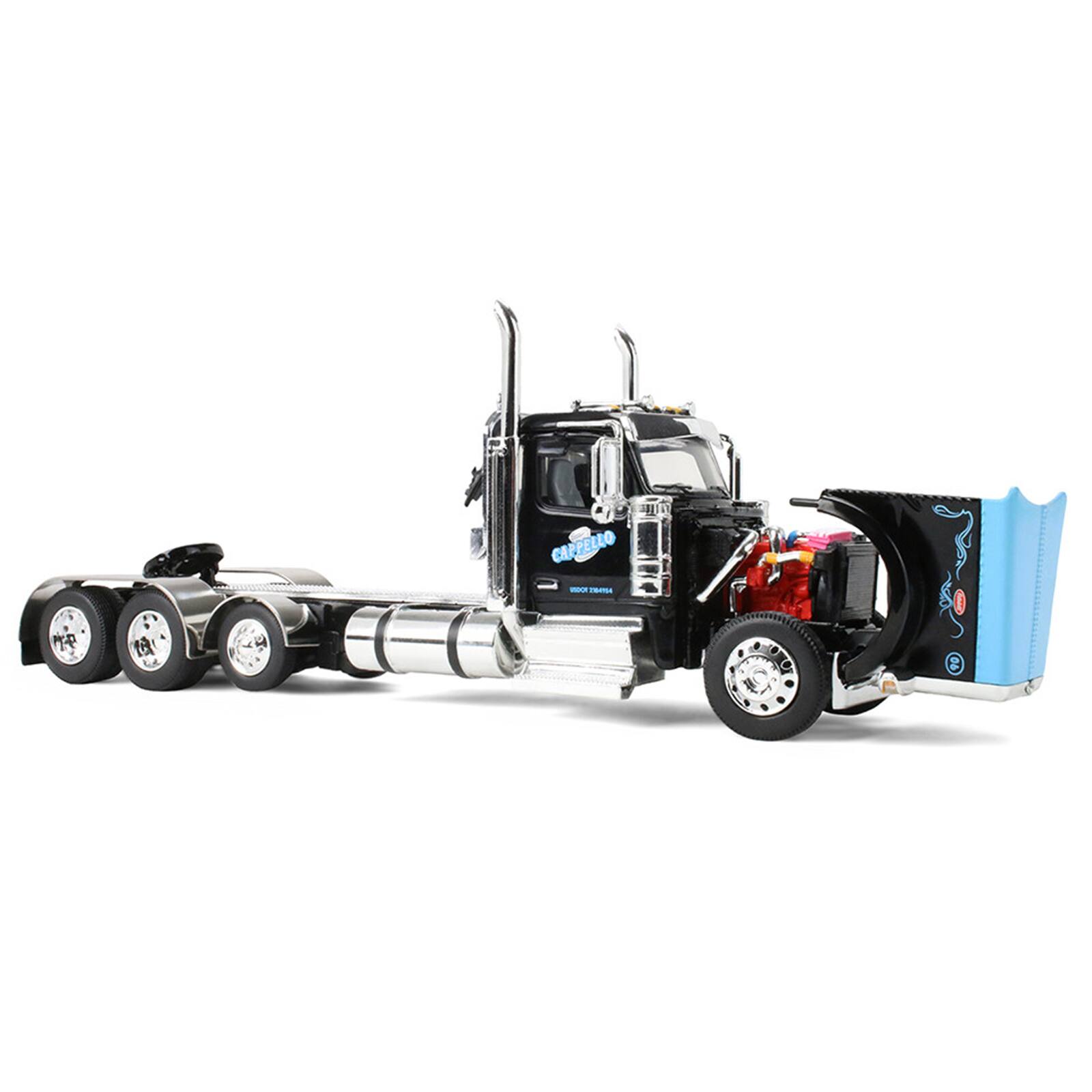 Alt View 2. First Gear - Peterbilt 589 Day Cab and Fontaine Renegade LXT40 Trailer w/Fliptail Black w/Light Blue Hood 1/64 Model DCP/First Gear.
