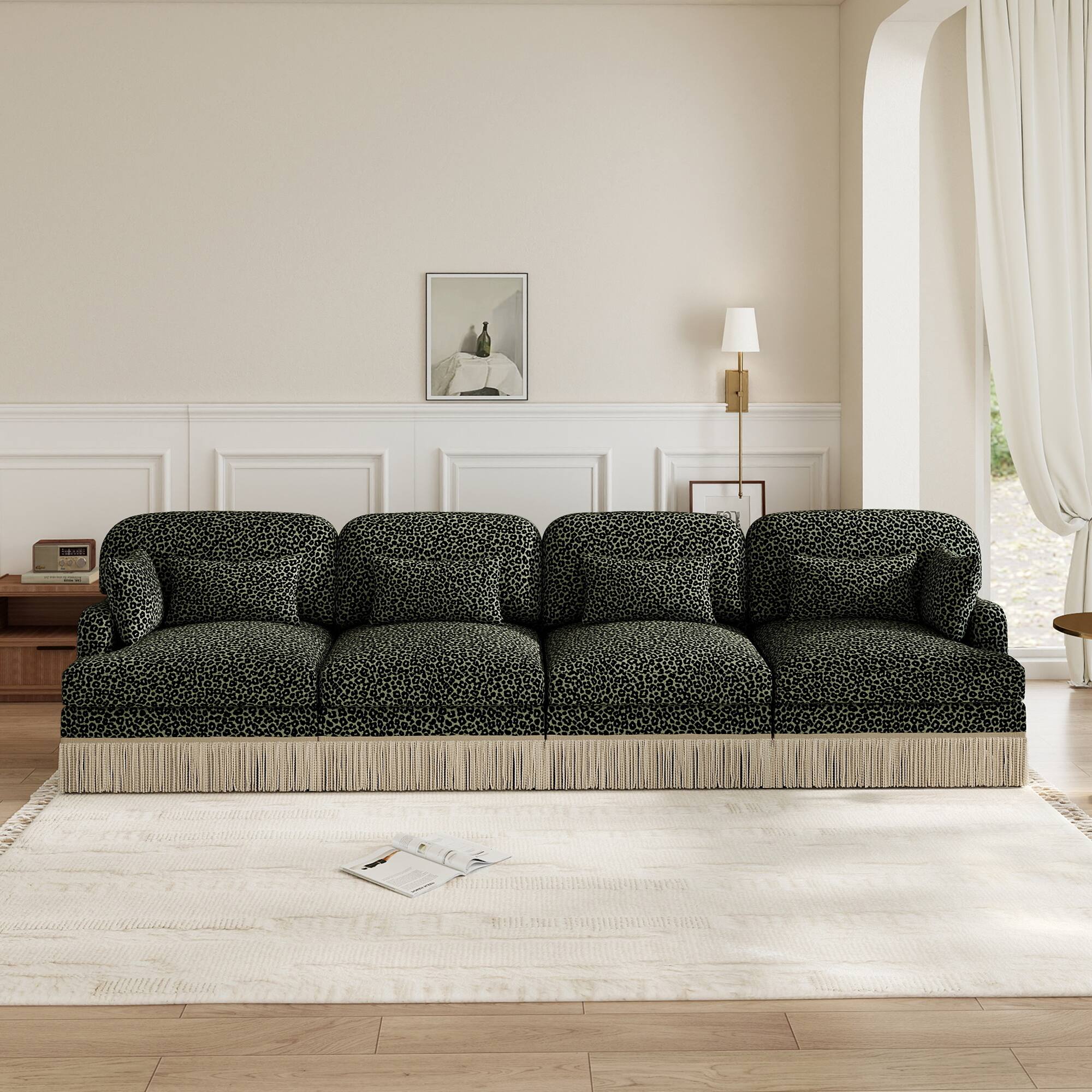 Angle. Anysun - 131" Leopard Print Chenille 4-Seater Modular Sofa, Tassel Edge, Ergonomic Deep Seat, Easy Assembly Couch for Living Room - Green.