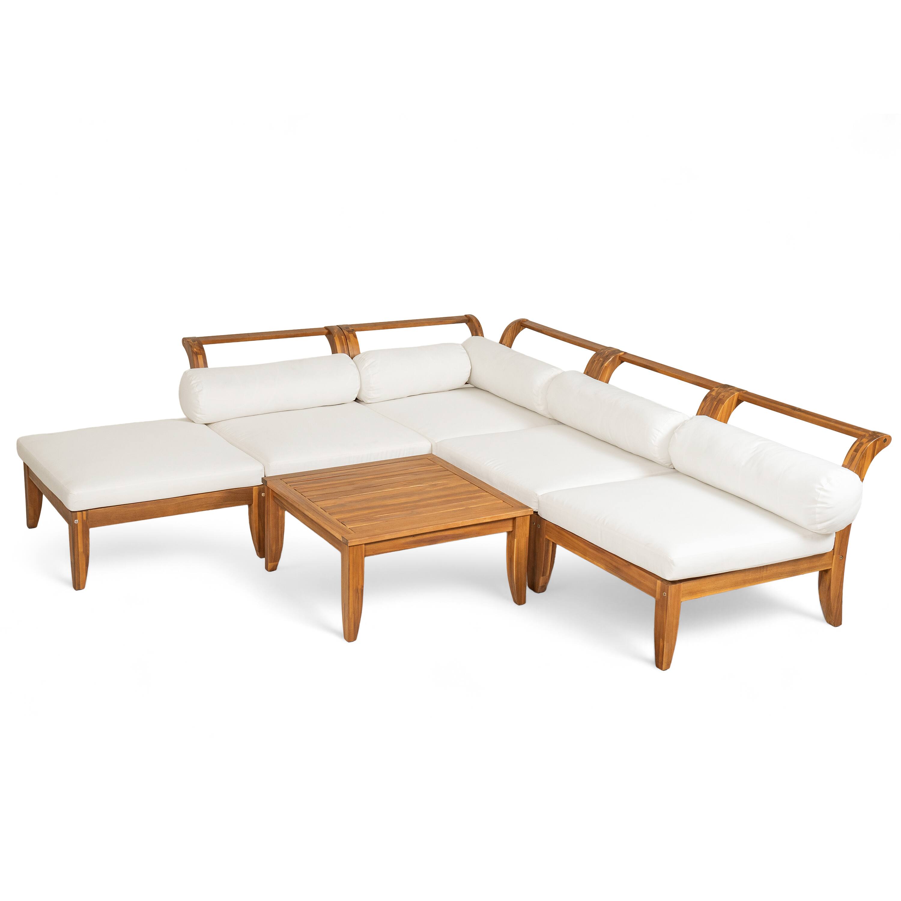 Alt View 8. Siljoy - TOPMAX 6-Piece Acacia Wood Patio Set, L-Shaped Convertible Daybed Sofa with Table, Ottoman & Cushions, Teak+Beige - Teak+ Beige.