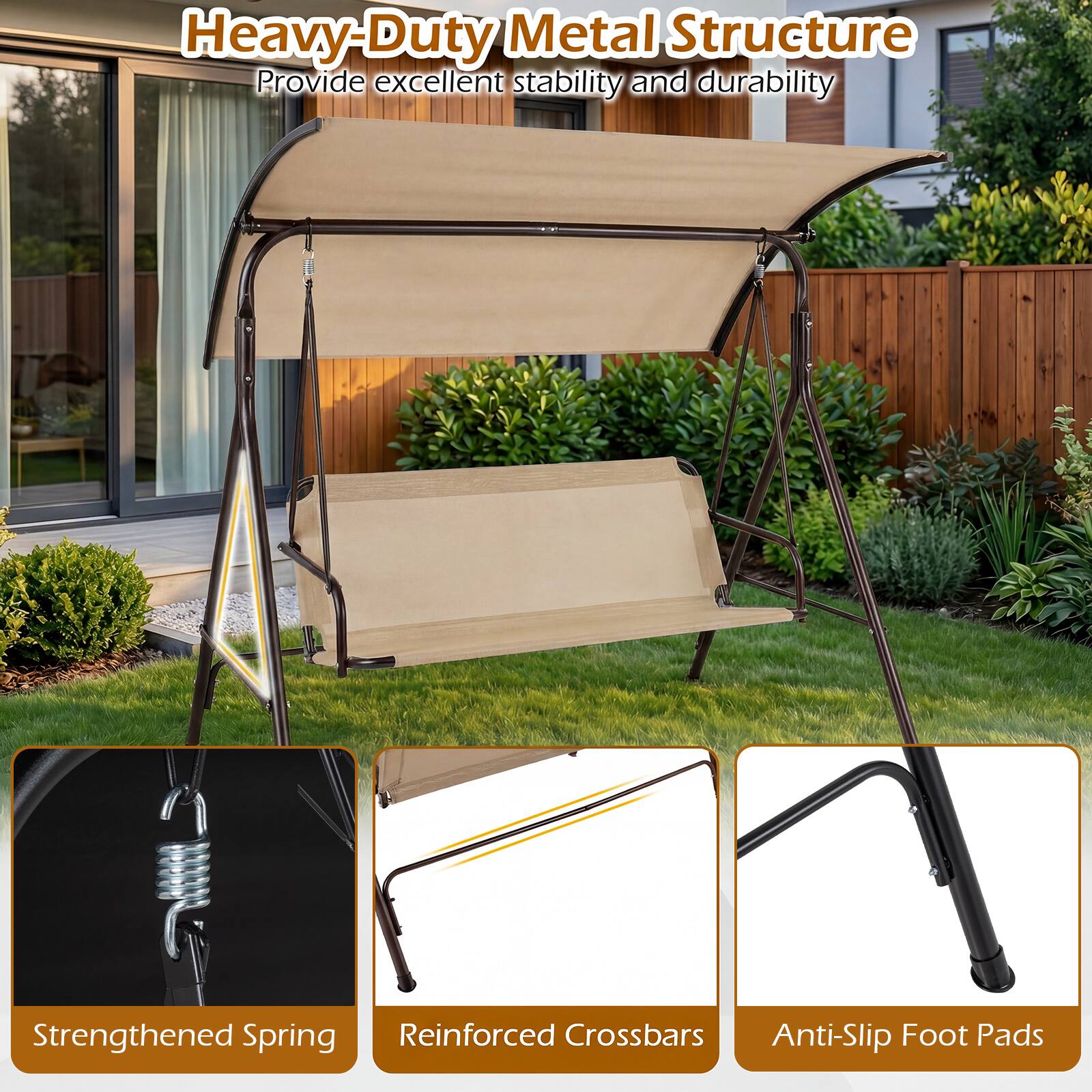 Heavy-Duty Metal Structure  
Provide excellent stability and durability  
Strengthened Spring  
Reinforced Crossbars  
Anti-Slip Foot Pads