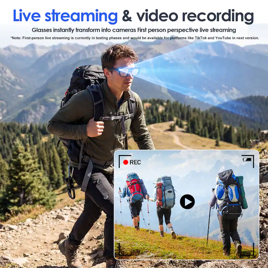 Live streaming & video recording
Glasses instantly transform into cameras
First person perspective live streaming
*Note: First-person live streaming is currently in testing phases and would be available for platforms like TikTok and YouTube in next version.