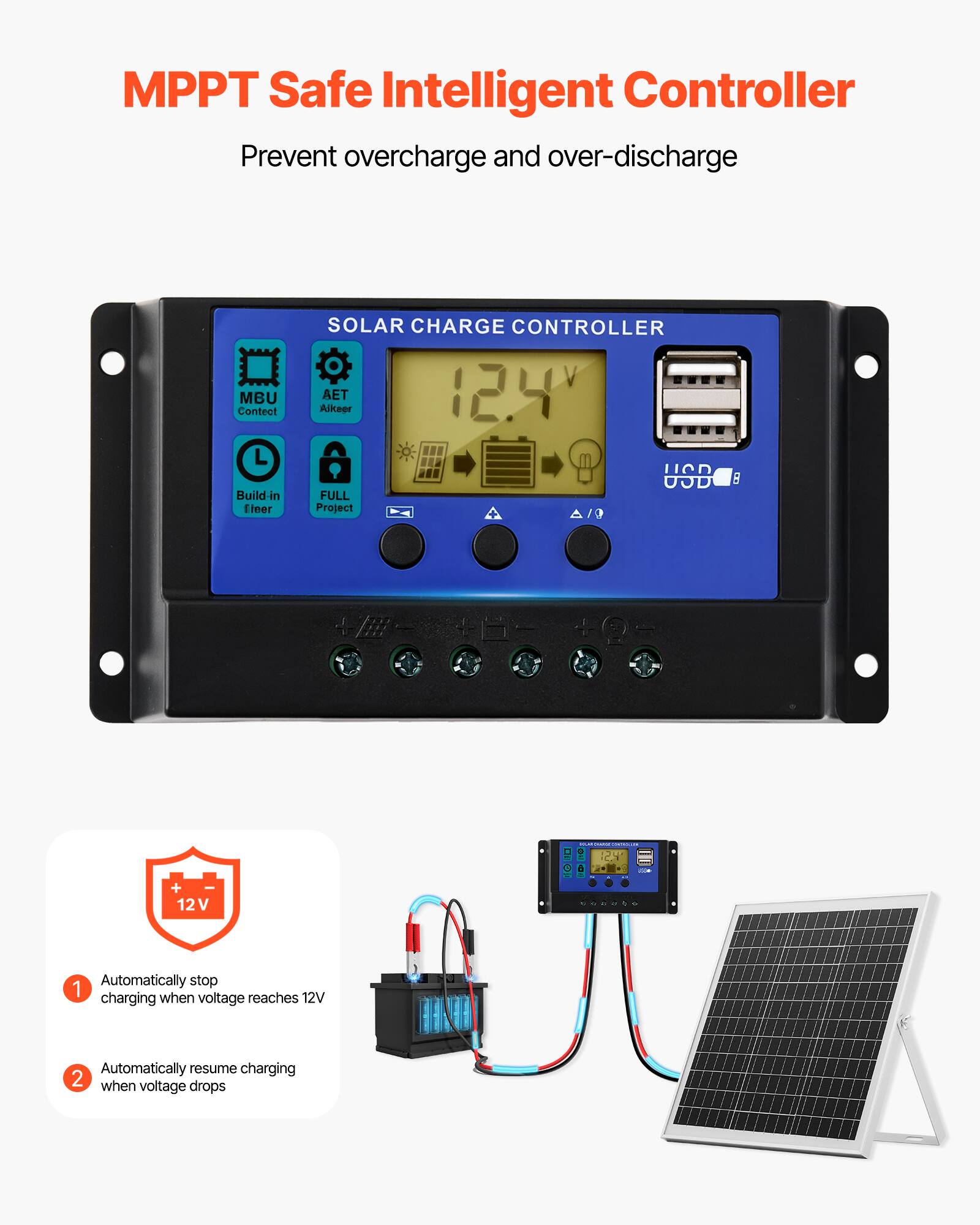 MPPT Safe Intelligent Controller  
Prevent overcharge and over-discharge  

MBU Contact  
Aikeer AET 12.4 USB FULL Project  

Automatically stop charging when voltage reaches 12V  
Automatically resume charging when voltage drops
