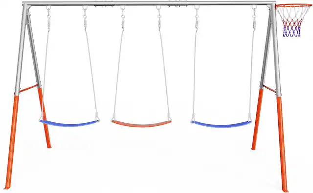 Front. Winado - Metal Swing Sets for Backyard with Basketball Hoop, Creative DIY Design for Family Fune, 3 Seat Swingset Outdoor for Kid.