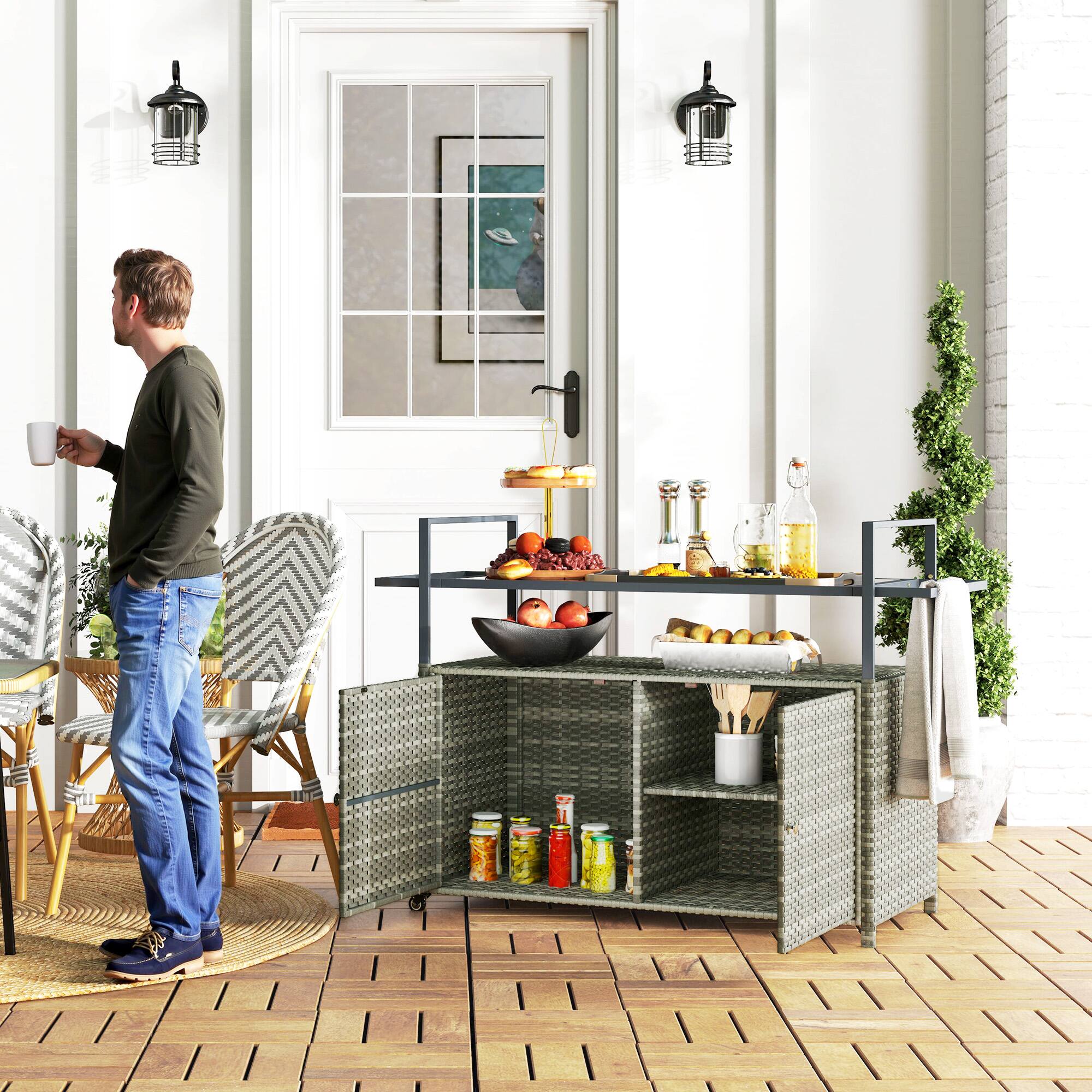 Alt View 1. Outsunny - PE Rattan Outdoor Storage Cabinet, Wicker Outdoor Bar Table Kitchen Island with Wheels & 2-Tier Shelf - Mixed Gray.