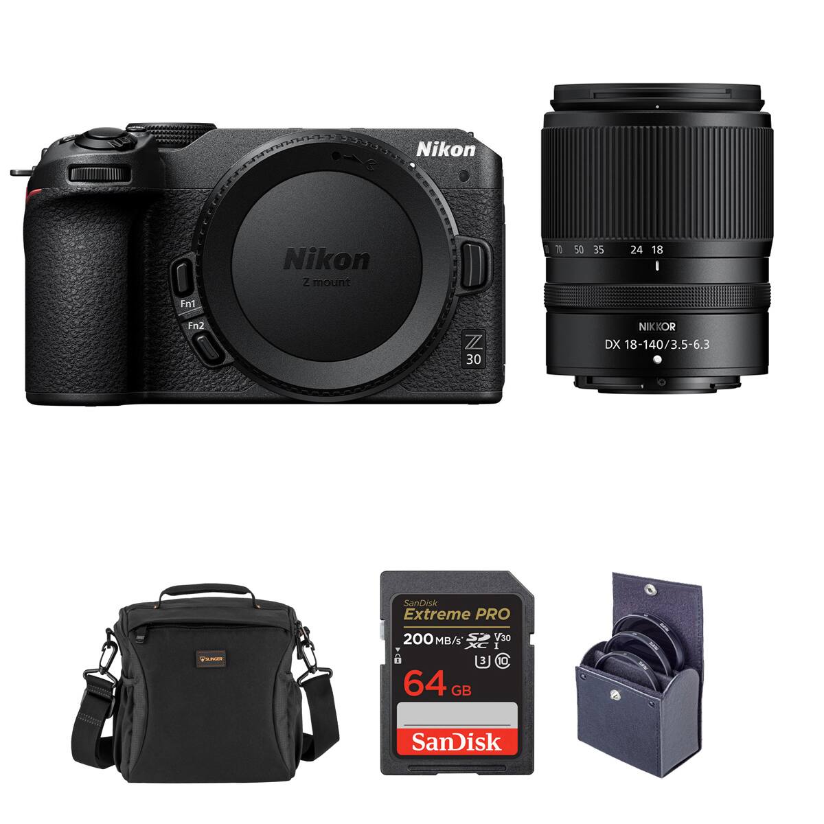 Nikon Z mount  
Fn1  
Fn2  
Z 30  
NIKKOR DX 18-140/3.5-6.3  
SanDisk Extreme PRO 200 MB/s V30  
64 GB