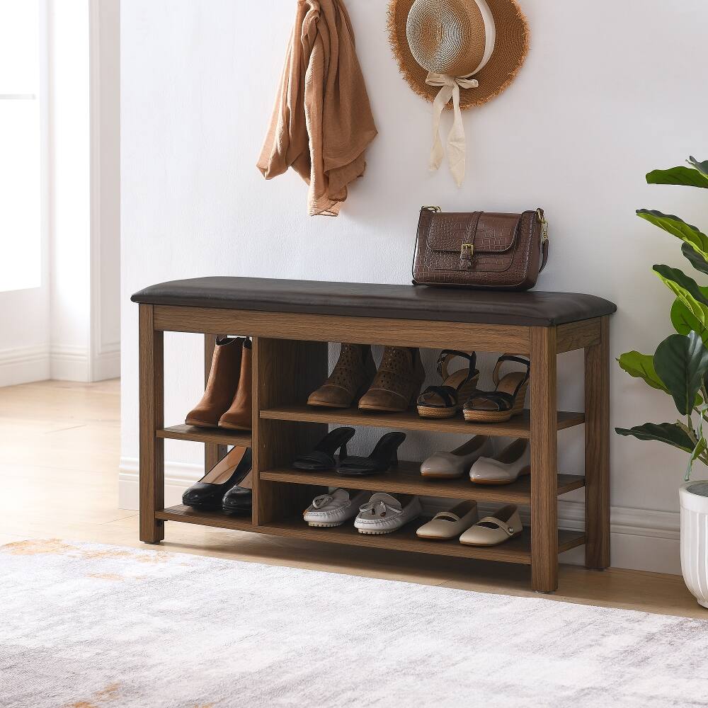 Left. Ropilly - Ropilly Wooden Entryway Shoe Storage Bench with PU Leather Cushion, Hidden Compartment, 400lbs Capacity, Brown - Brown.