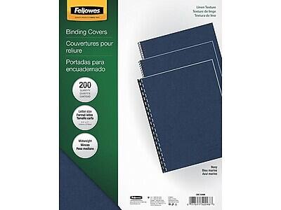 Fellowes  
Binding Covers  
Couvertures pour reluire  
Portadas para encuadernado  

200  

Linen Texture  
Texture de lin  
Textura de lino  

Linen size  
Formal kraft  
Tamales cartas  

Mincweight  
Peso mediano  

Navy  
Navy  
Azul marino