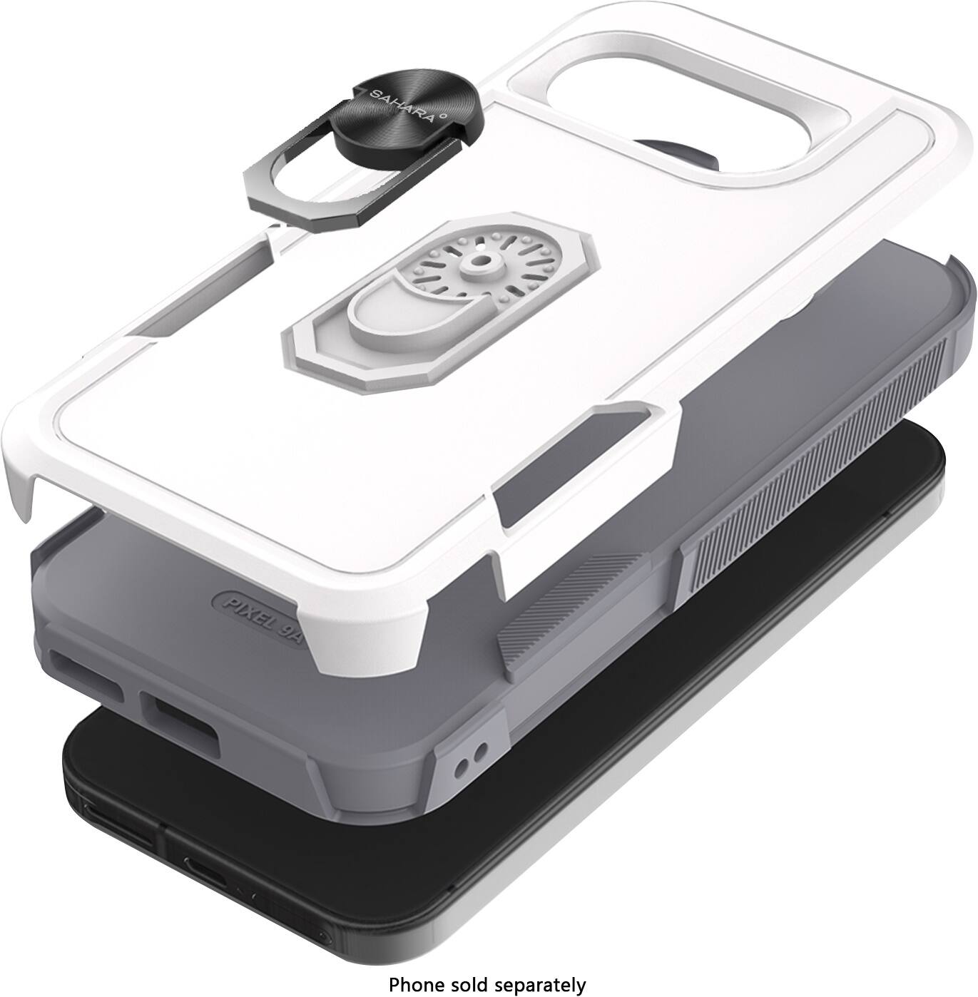 The image features a white and black cell phone case with a built-in fan. The case is designed to fit a specific phone model, which is sold separately. The case is designed to protect the phone from damage and provide additional features such as the fan.
