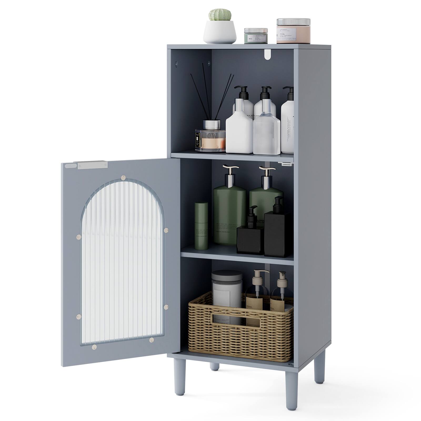 Alt View 1. Costway - Costway Bathroom Floor Cabinet with Adjustable Shelf, Single Tempered Glass Door, Wood Legs - Gray.