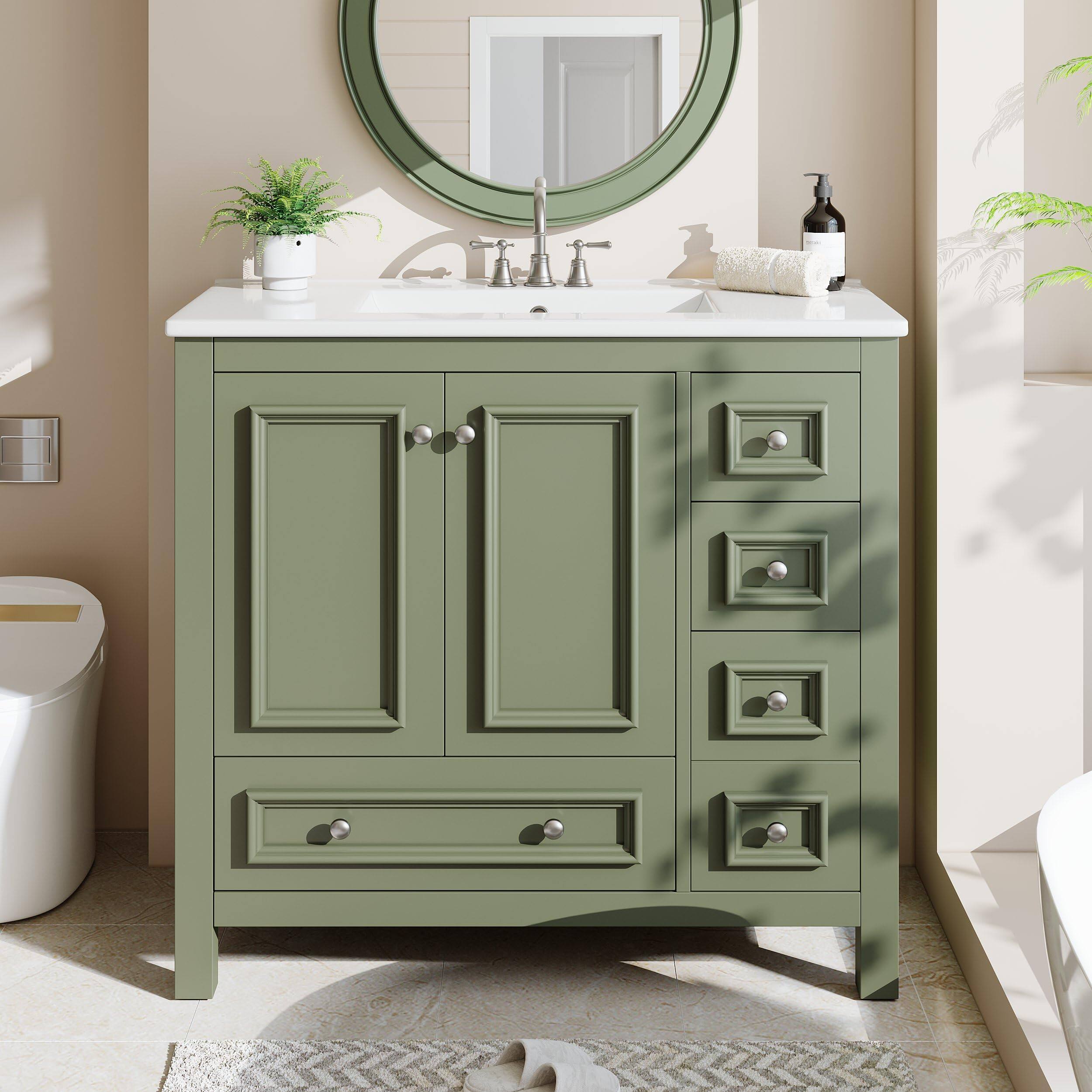 Front. Tribesigns - 36-Inch Bathroom Vanity with Sink, Solid Wooden Frame - Olive Green.