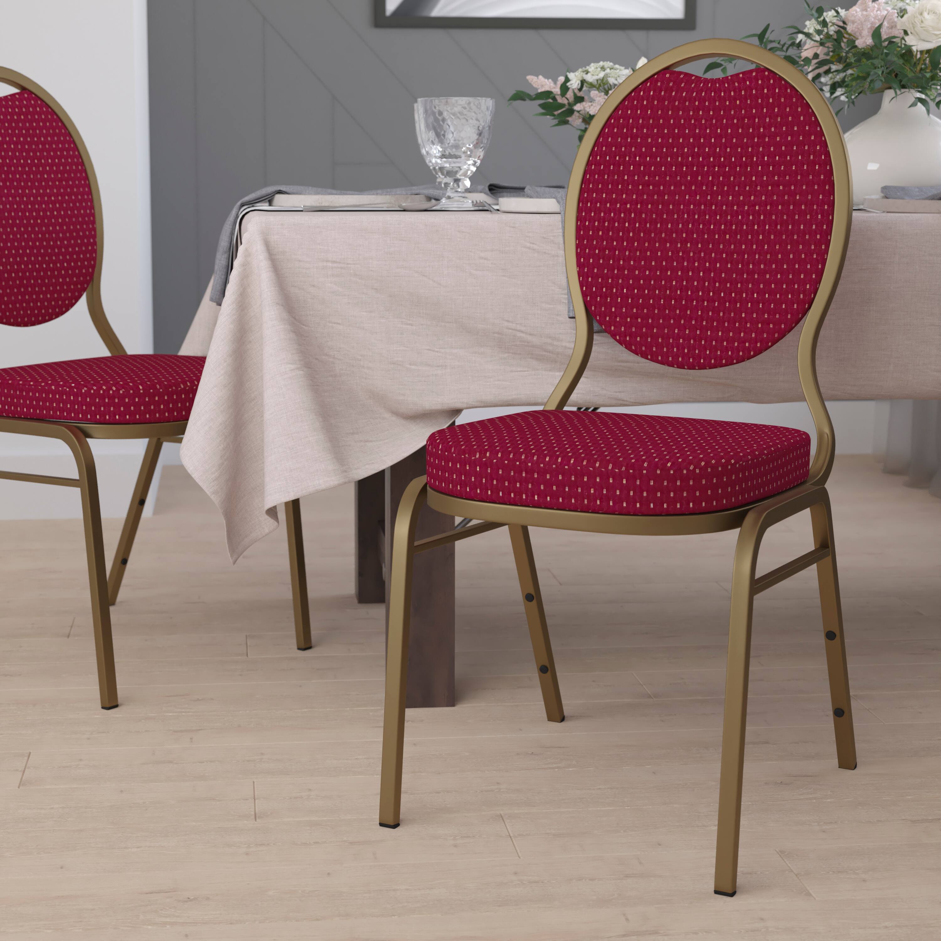 Alt View 1. Emma + Oliver - Teardrop Back Stacking Banquet Dining Chair - Burgundy Patterned Fabric/Gold Frame.