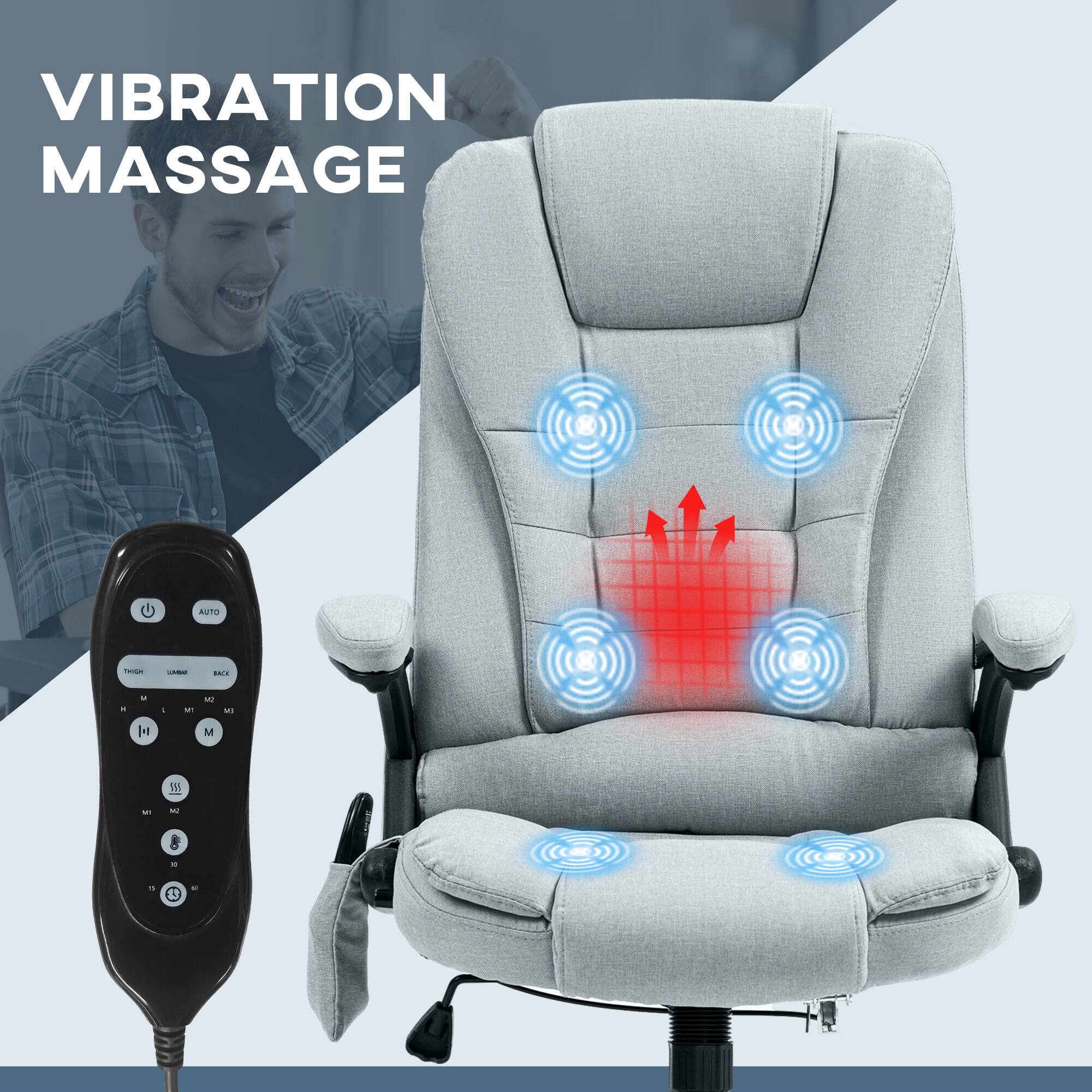 Vibration Massage

- Thigh
- Lumbar
- Back

- High
- Medium
- Low

- M1
- M2
- M3

- Auto

- Power
- Timer