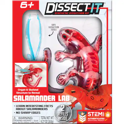 The text on the image reads:
"6+ DISSECTIT SYNTHETIC DISSECTION KIT SAFE DISSECTION TOOLS Organ & Skeletal Structure to Reveal SALAMANDER LAB LEARN INTERESTING FACTS ABOUT SALAMANDERS 2 - NO SHARP EDGES REFILLS WARNING: TOTAL NET WT. INSIDE CHOKING HAZARD- : Small parts. Not for children under 3 yrs. 9.27 OZ (263g) - STEM .ORG 1 AUTHENTICATED EDUCATIONAL PRODUCT"