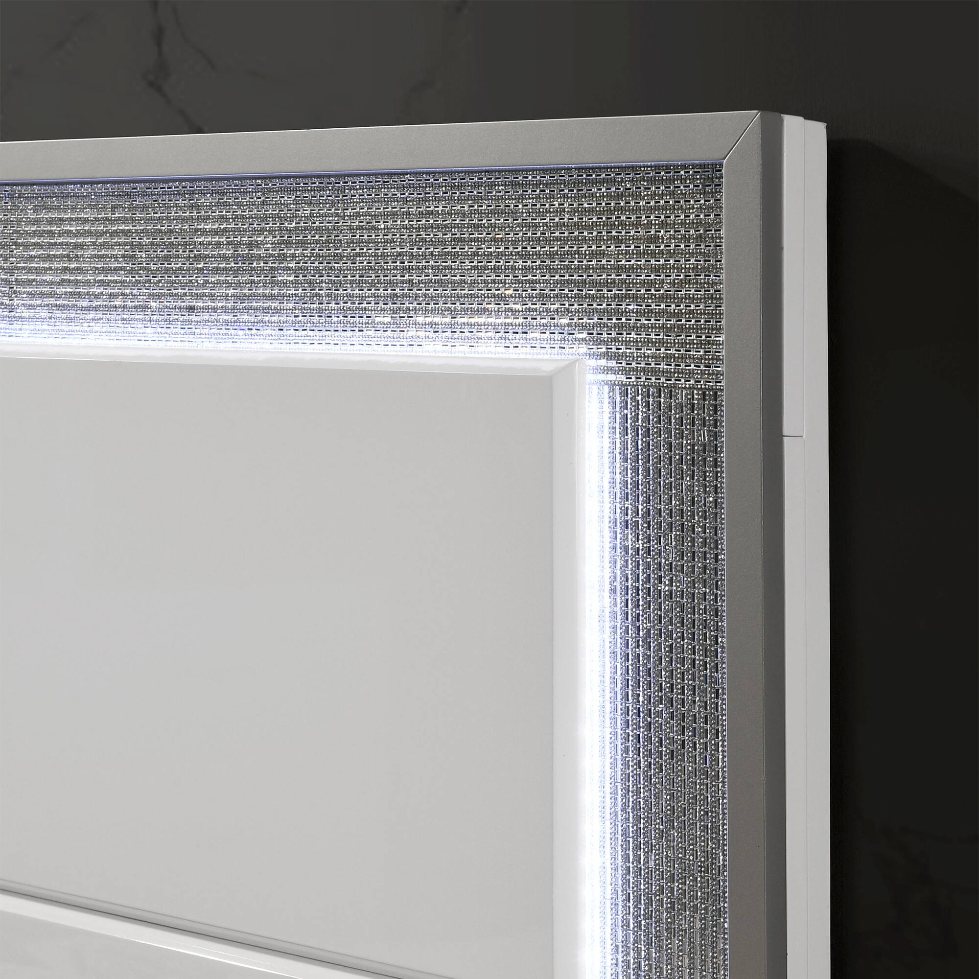 Alt View 1. Vaczon - Luxury King Bed with LED Lighting, Rhinestone-Trim Headboard & Sleek Footboard Contemporary Master Bedroom Style - White.