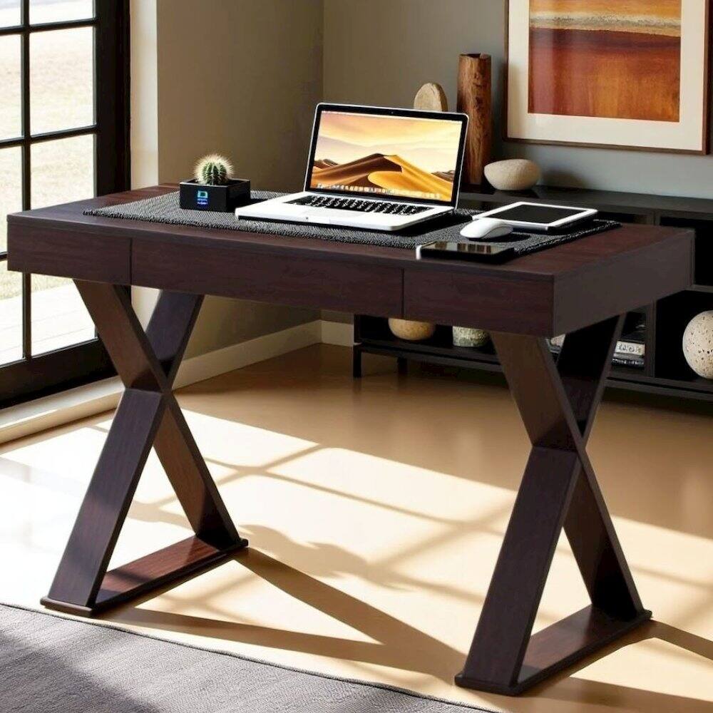Alt View 3. FurniFact - Espresso Brown Desk With Drawer, Modern Wood Table For Home Office Use - Brown.