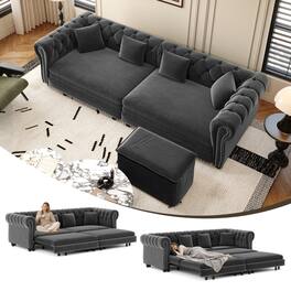 Anysun - 89" 3-in-1 Velvet Chesterfield Pull-Out Sofa Bed - King Size Sleeper with Chaise & Movable Ottoman - Gray