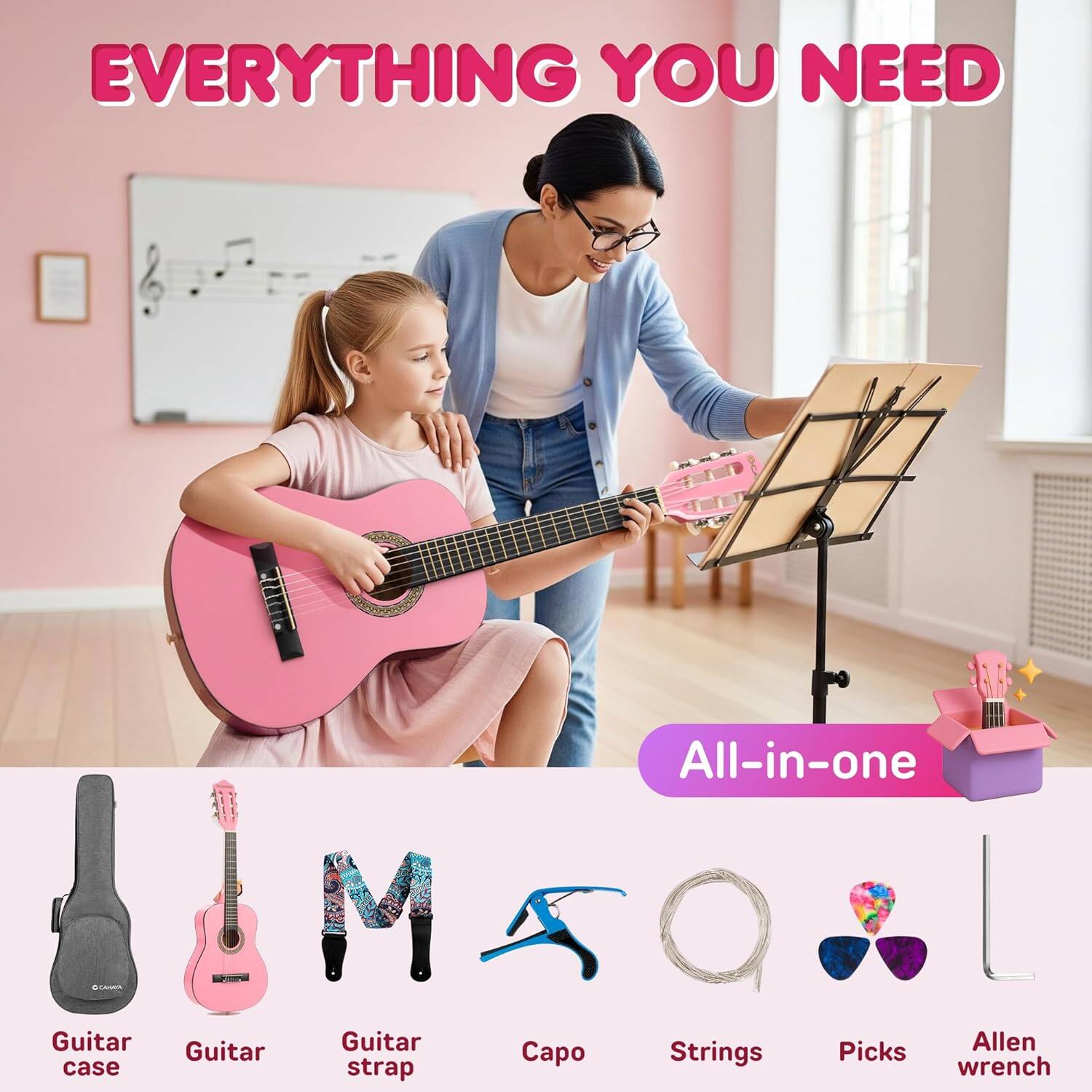 EVERYTHING YOU NEED

All-in-one

- Guitar case
- Guitar
- Guitar strap
- Capo
- Strings
- Picks
- Allen wrench