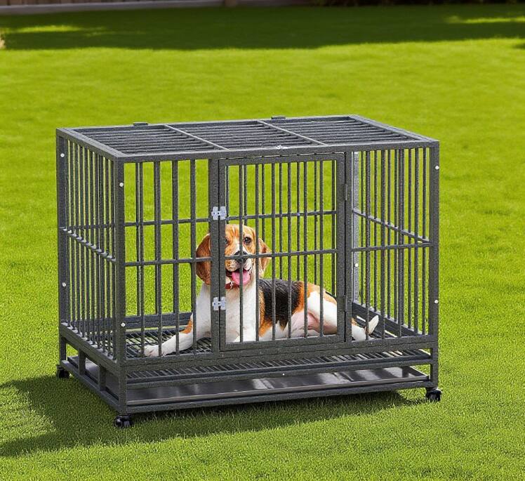 Angle. Siljoy - Heavy Duty Dog Crate, 43" Metal Kennel with 4 Lockable Wheels & 2 Doors for Dogs up to 88 lbs.