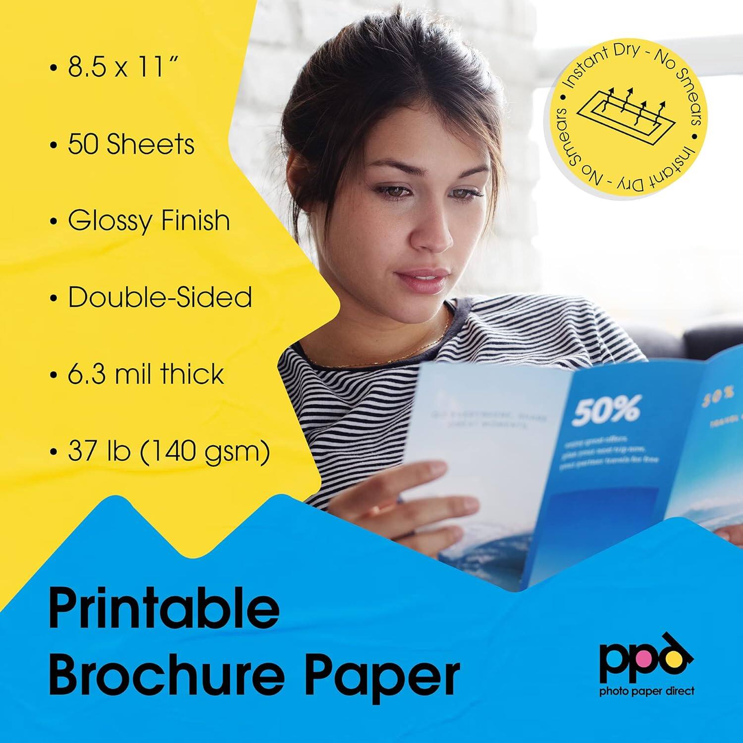 8.5 x 11", 50 Sheets, Glossy Finish, Double-Sided, 6.3 mil thick, 37 lb (140 gsm), Printable Brochure Paper, ppd photo paper direct