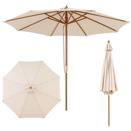 Costway - 9 FT Patio Umbrella with Adjustable Height Rope Pulley Lift Vented Top 8 Sturdy Ribs - Beige