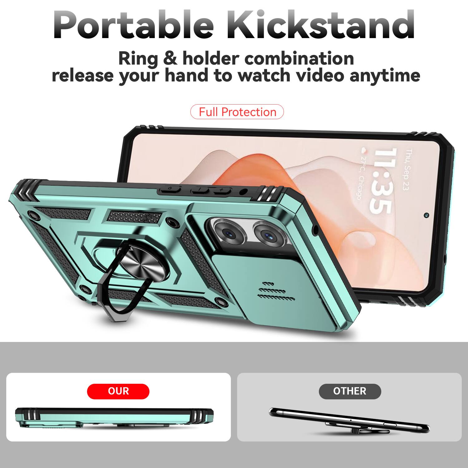 Portable Kickstand  
Ring & holder combination release your hand to watch video anytime  
Full Protection  

Thu. 27C. Sep Chicago 11:35  

OUR OTHER