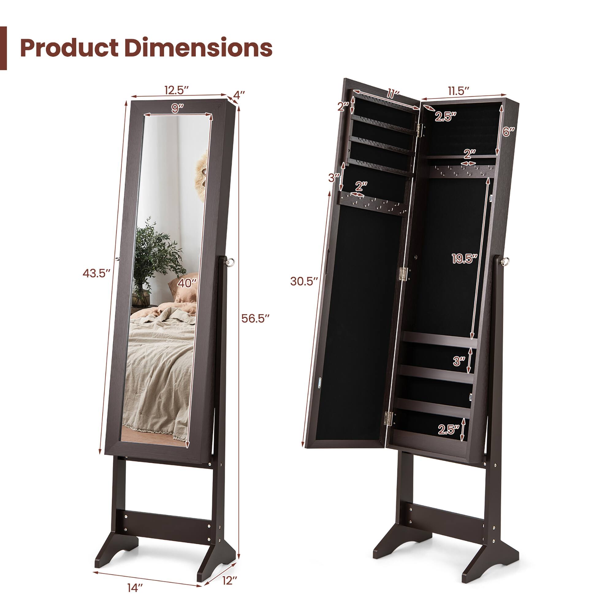 Product Dimensions

- Height: 56.5"
- Width: 43.5"
- Depth: 12.5"
- Frame Thickness: 4"
- Base Width: 14"
- Base Depth: 12"
- Shelf Dimensions: 11.5" x 19.5"
- Shelf Spacing: 2.5"
- Drawer Dimensions: 11.5" x 19.5"
- Drawer Spacing: 2.5"
- Drawer Depth: 6"
- Drawer Thickness: 2"
- Drawer Handle Spacing: 3"