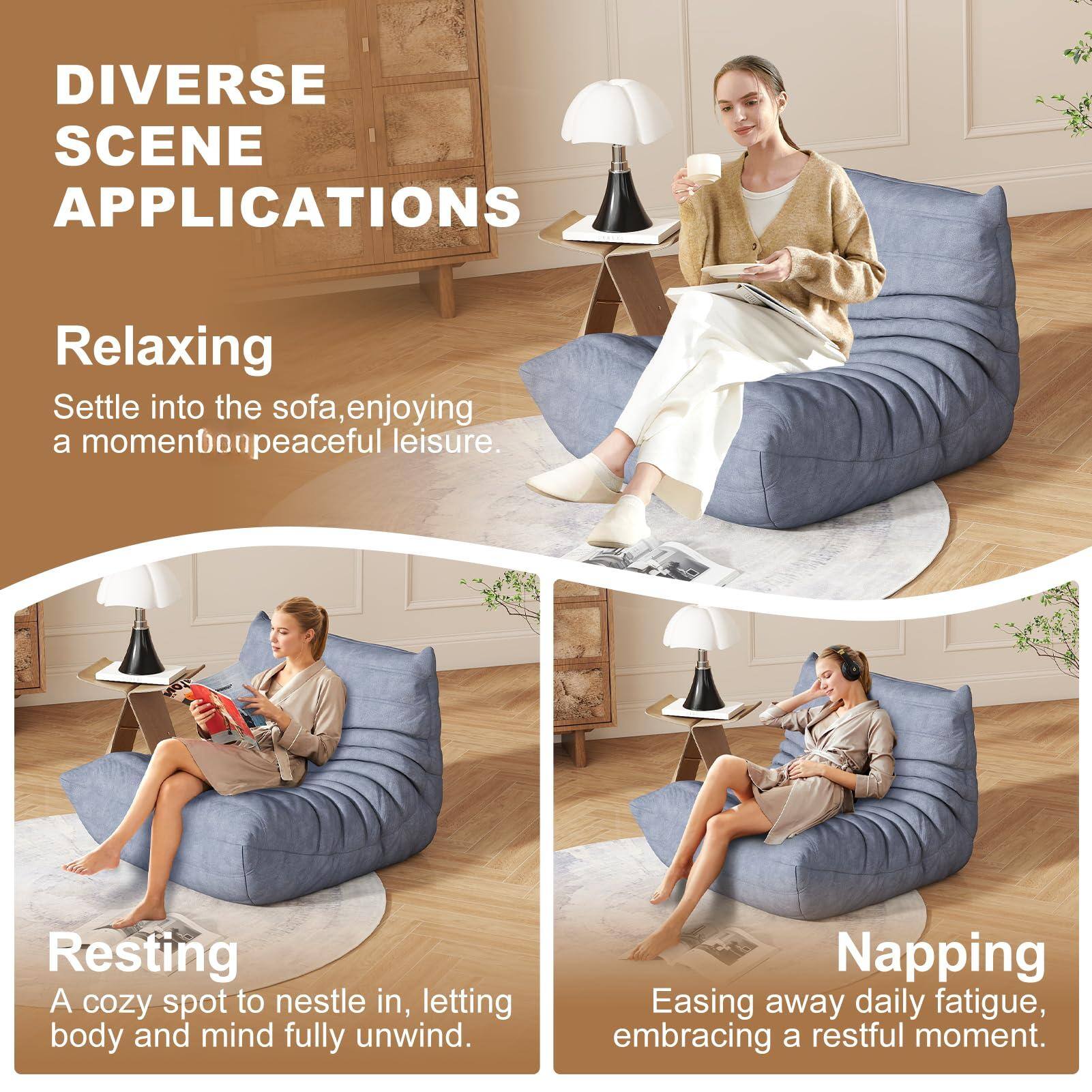 DIVERSE SCENE APPLICATIONS

Relaxing  
Settle into the sofa, enjoying a moment of peaceful leisure.

Resting  
A cozy spot to nestle in, letting body and mind fully unwind.

Napping  
Easing away daily fatigue, embracing a restful moment.