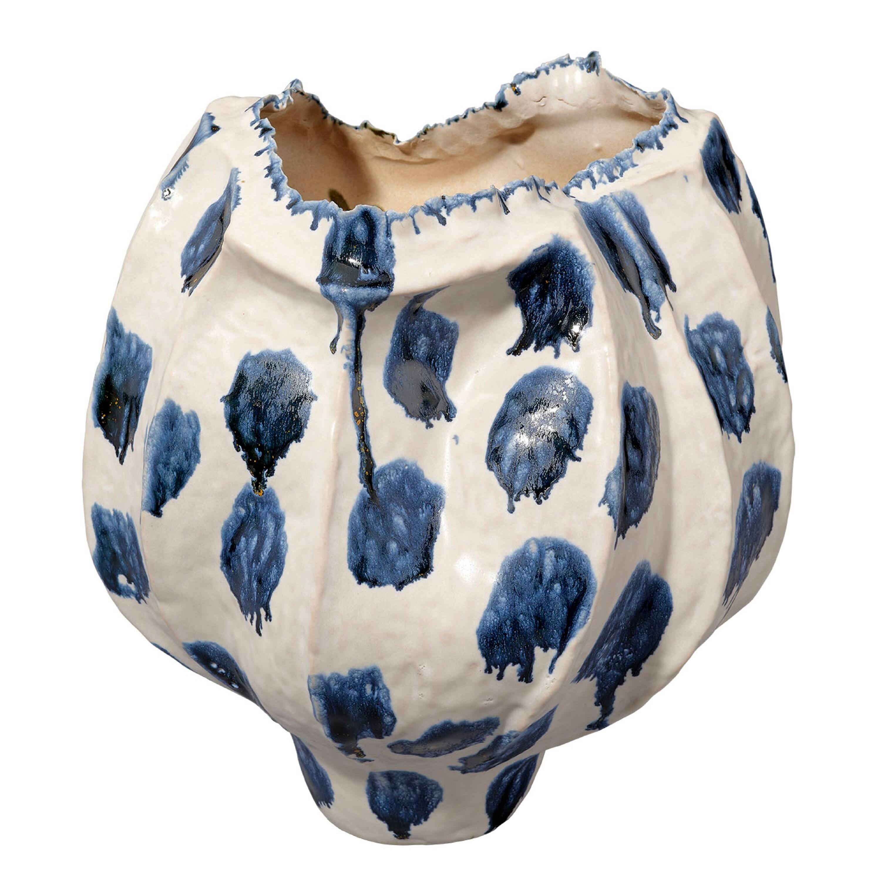 Front. Manhattan Lane - Nery Decorative Vase, Ruffled Edge,   Patchwork Ceramic - Blue, White.