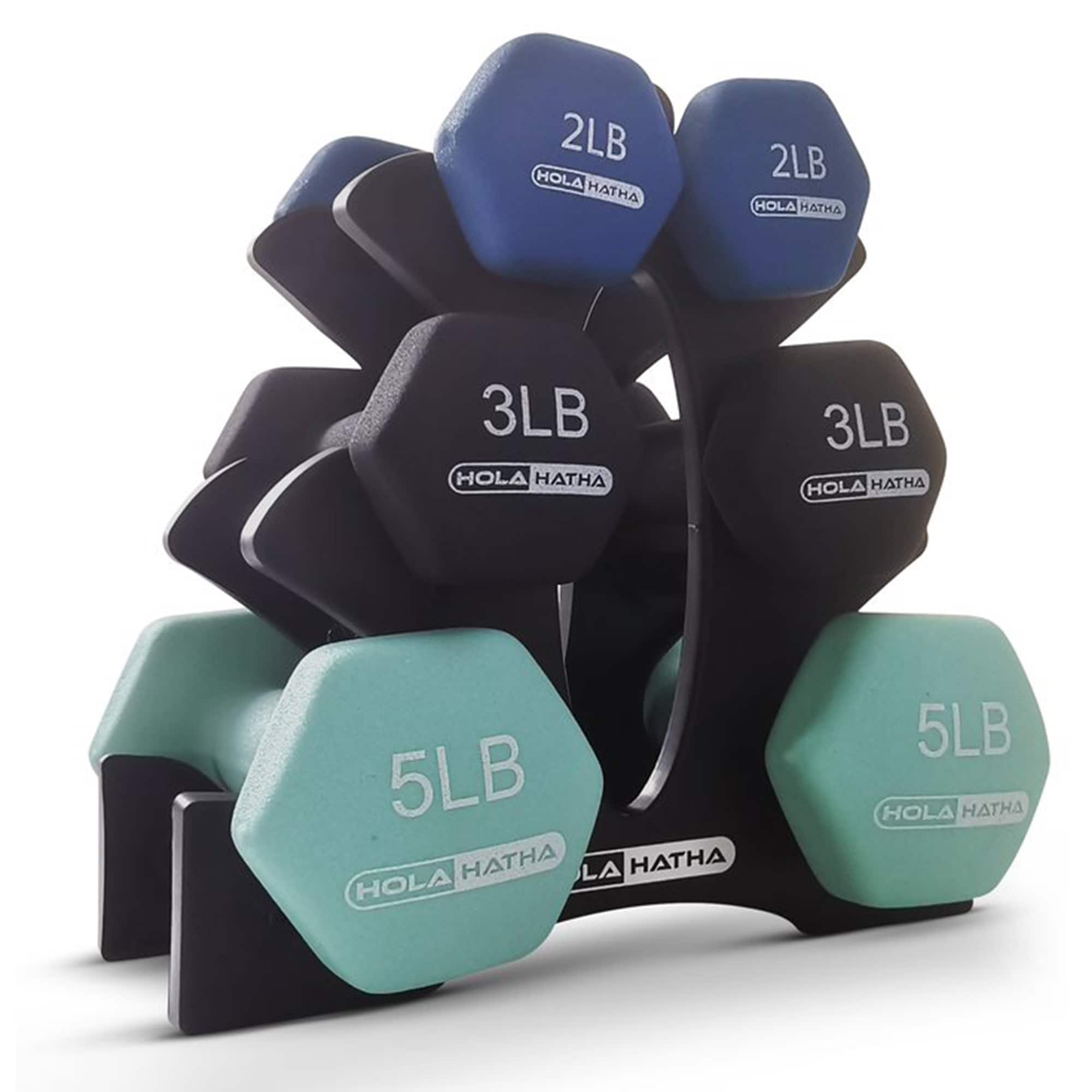 HolaHatha - 2, 3, & 5 Pound Neoprene Dumbbell Free Hand Weight Set w/ Rack, Pastel - Blues
