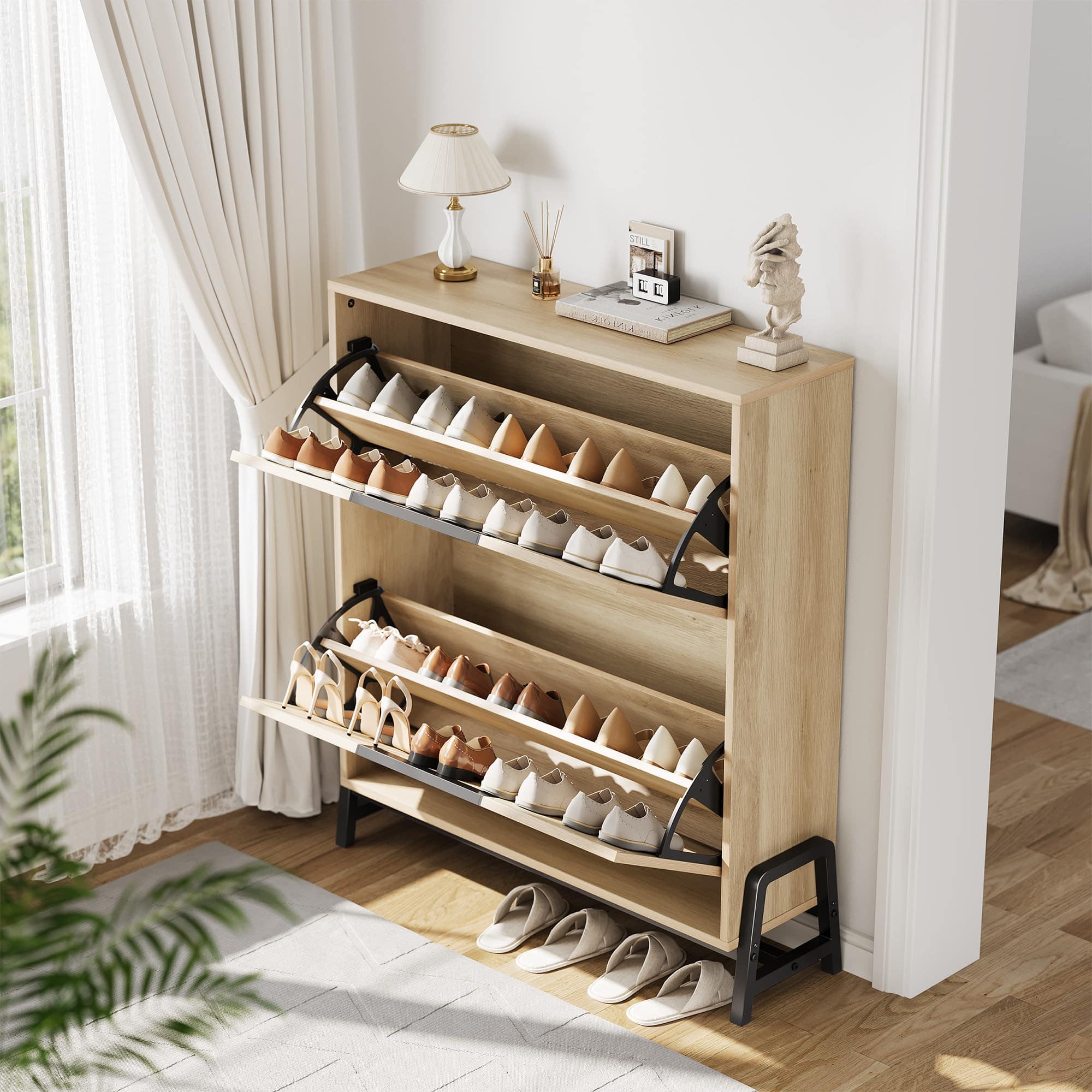 Jojoka - Shoe Storage Cabinet with 2 Flip Drawers, Freestanding Shoe Organizer with Metal Legs, Narrow Shoe Rack Cabinet - Oak