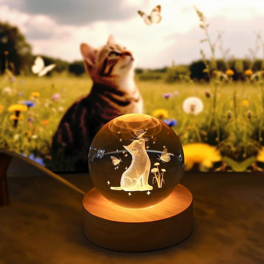 Front. Schertz - 2.3" Engraved Cat Crystal Ball Night Light – Memorial Gift for Cat Lovers.