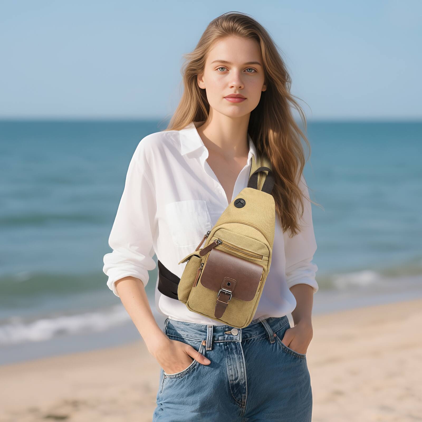 Alt View 1. Unique Bargains - Canvas Sling Bag Crossbody Backpack Vintage Shoulder Bag W/Leather Accents for Outdoor Cycling Hiking Travel - Khaki.