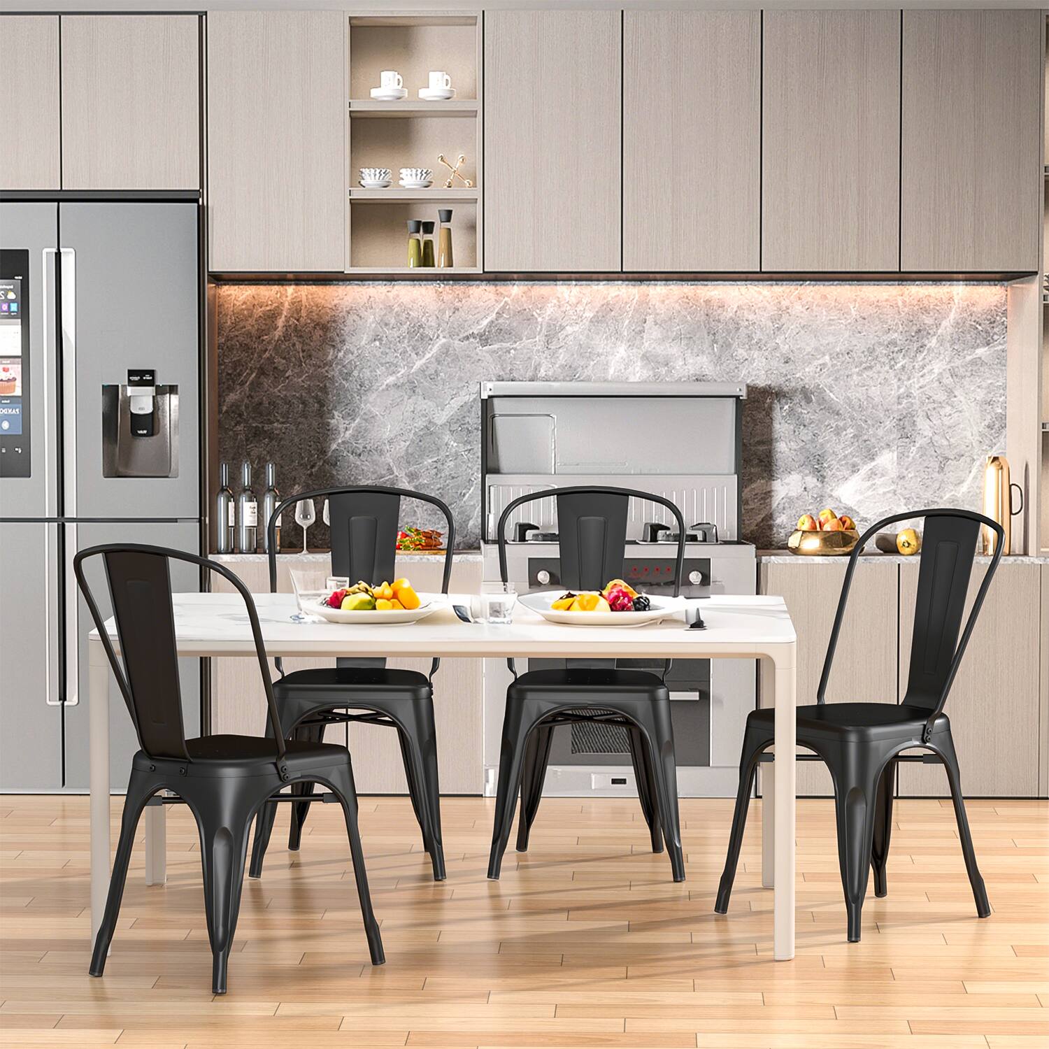 Alt View 4. VENI HOME - Metal Indoor-Outdoor Chairs Distressed Style Kitchen Dining Chairs Stackable Side Chairs with Back Set of 4 - Black.