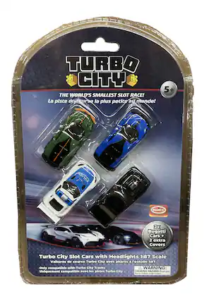 TURBO CITY 5+
THE WORLD'S SMALLEST SLOT RACE!
La piste de course la plus petite au monde!
POLICE BUGATTI
2x Bugatti Cars + 2 extra Covers
Turbo City Slot Cars with Headlights 1:87 Scale
Voitures de course Turbo City avec phares à l'échelle 1:87
Only compatible with Turbo City Tracks
Uniquement compatible avec les pistes Turbo City
WARNING: CHOKING HAZARD - Small parts. Not for children under 3 years.
