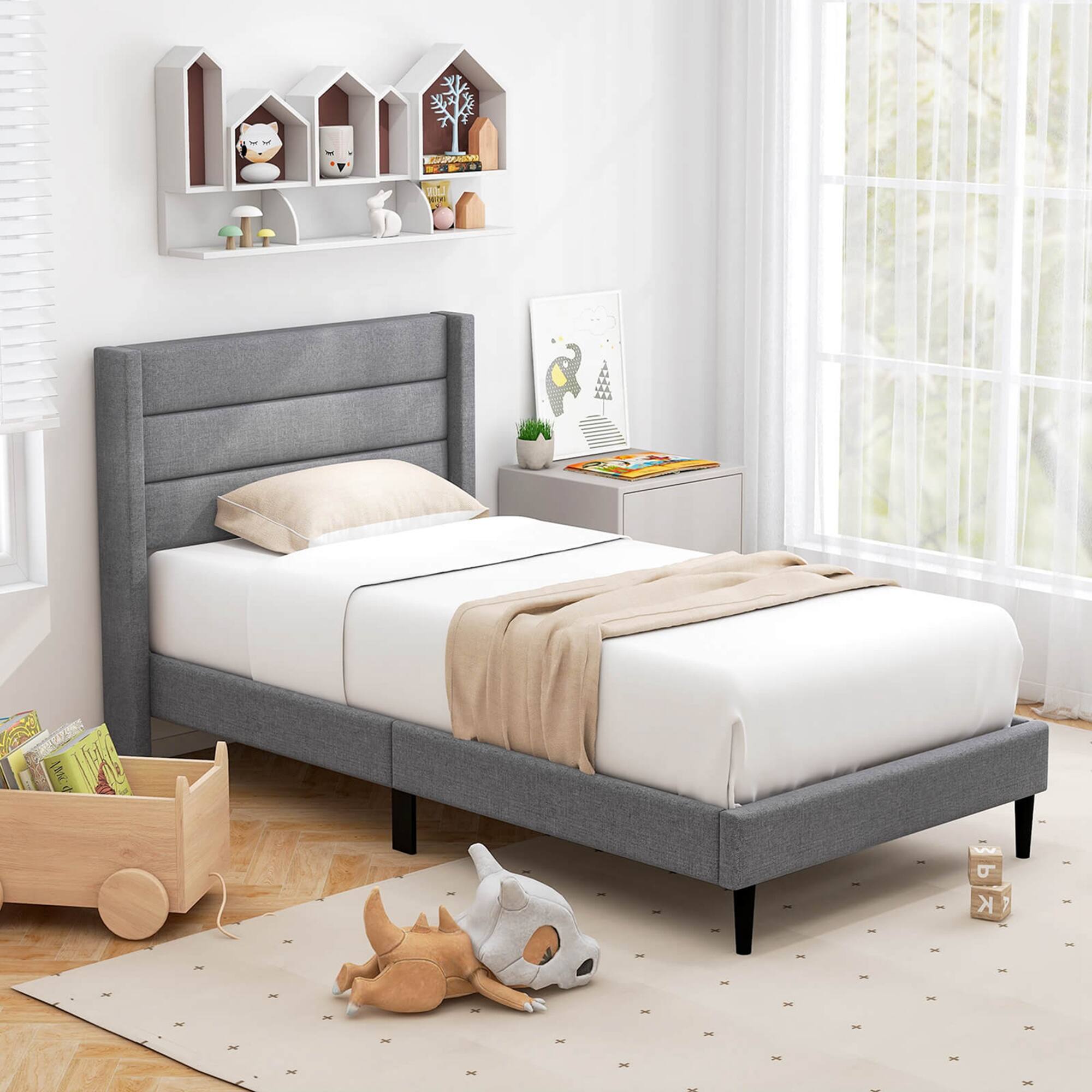Alt View 4. Costway - Twin Bed Frame with Wingback Headboard Linen Upholstered Platform Bed - Grey.