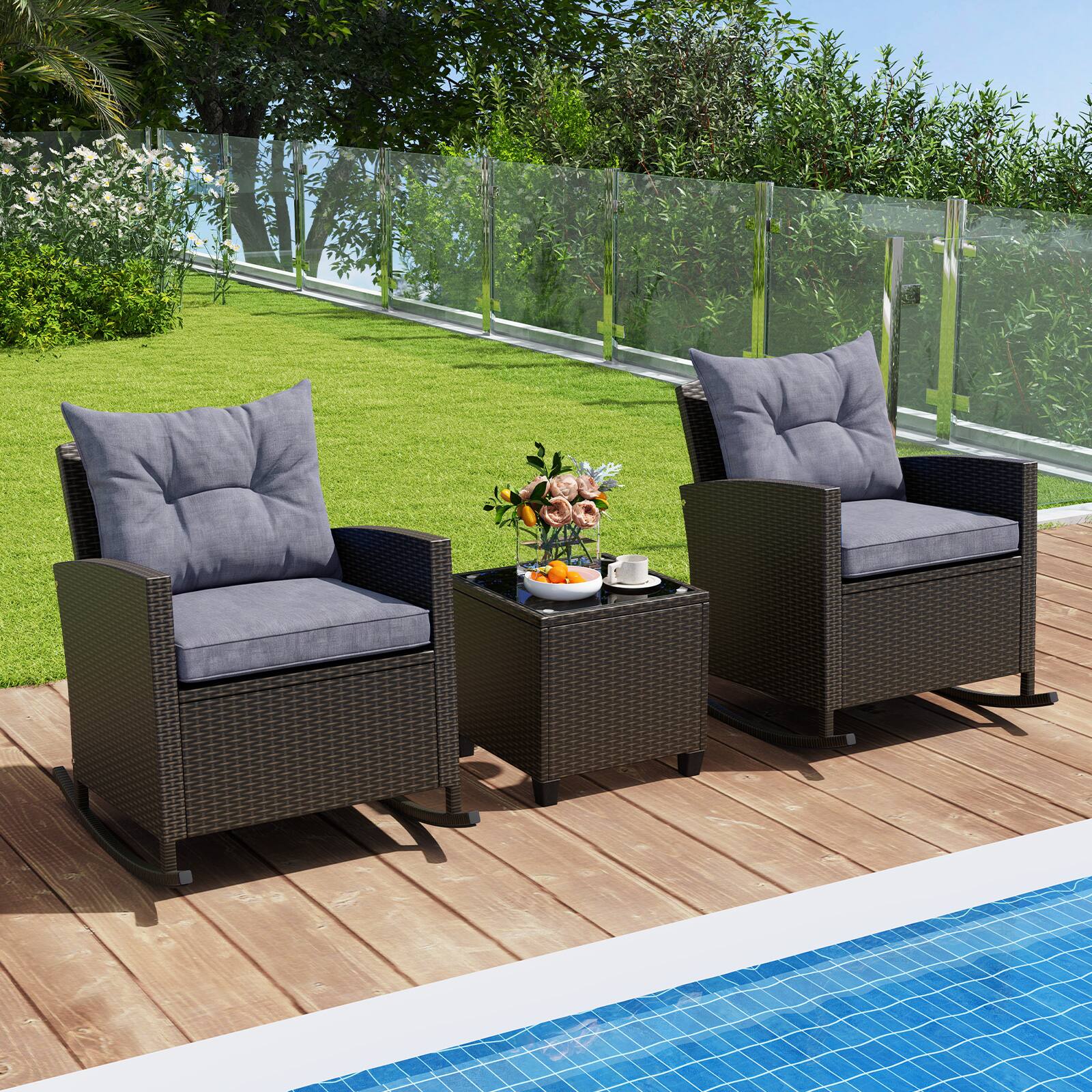 Alt View 3. Costway - Costway 3PCS Patio Wicker Rocking Set with Tempered Glass Table & Soft Cushions Outdoor - Mix Brown+Gray.
