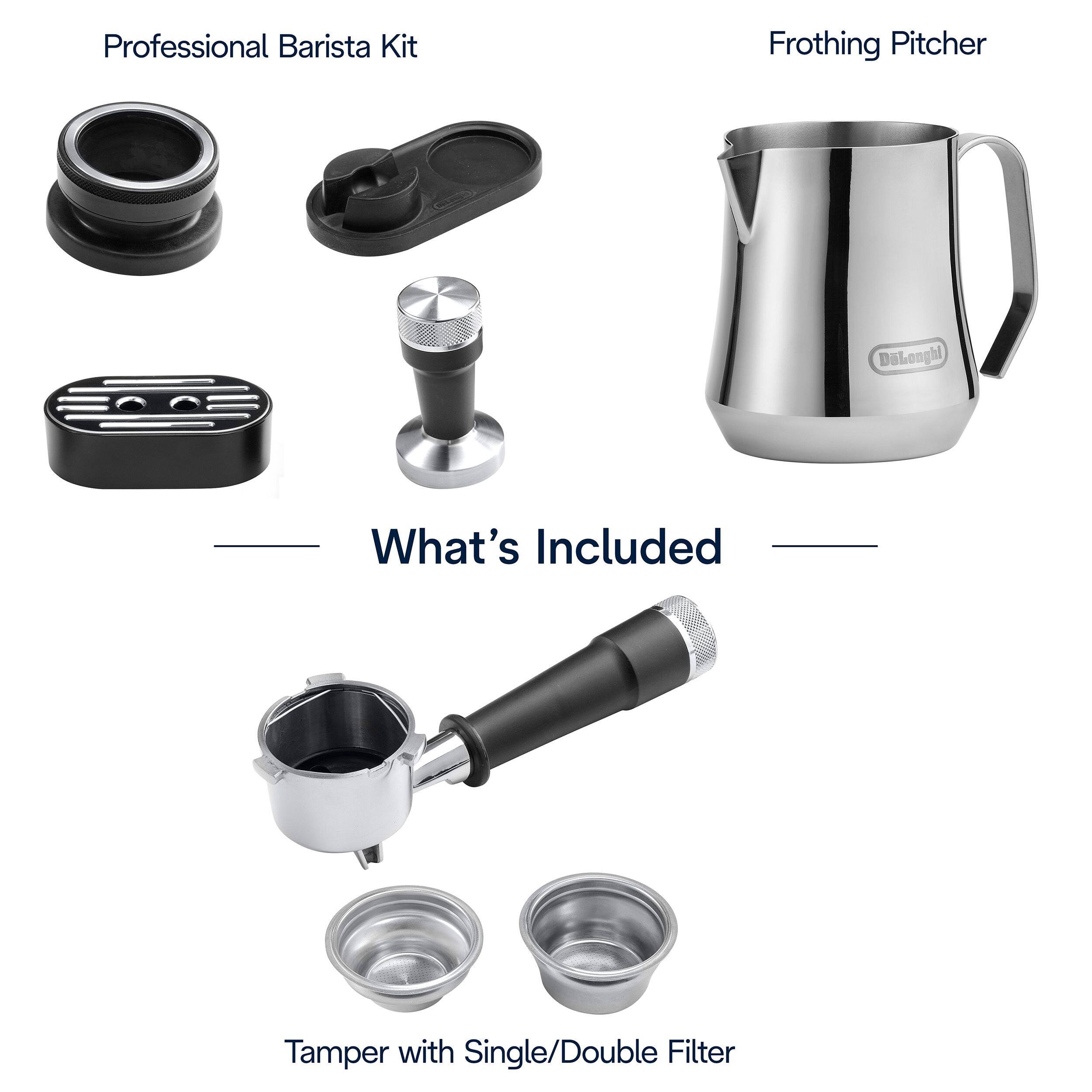 The image features a Professional Barista Kit, which includes a Frothing Pitcher and a Tamper with a Single/Double Filter.