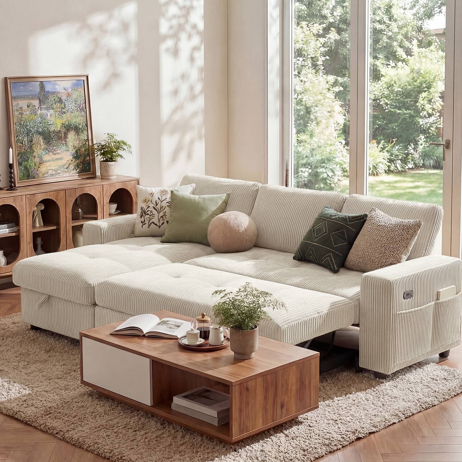 Back. Dyonery - Dyonery 81" L-Shaped Sleeper Sofa Bed, Corduroy with Pull-Out Bed, USB Ports,  Storage & Adjustable Backrest,Beige - Corduroy + Beige.