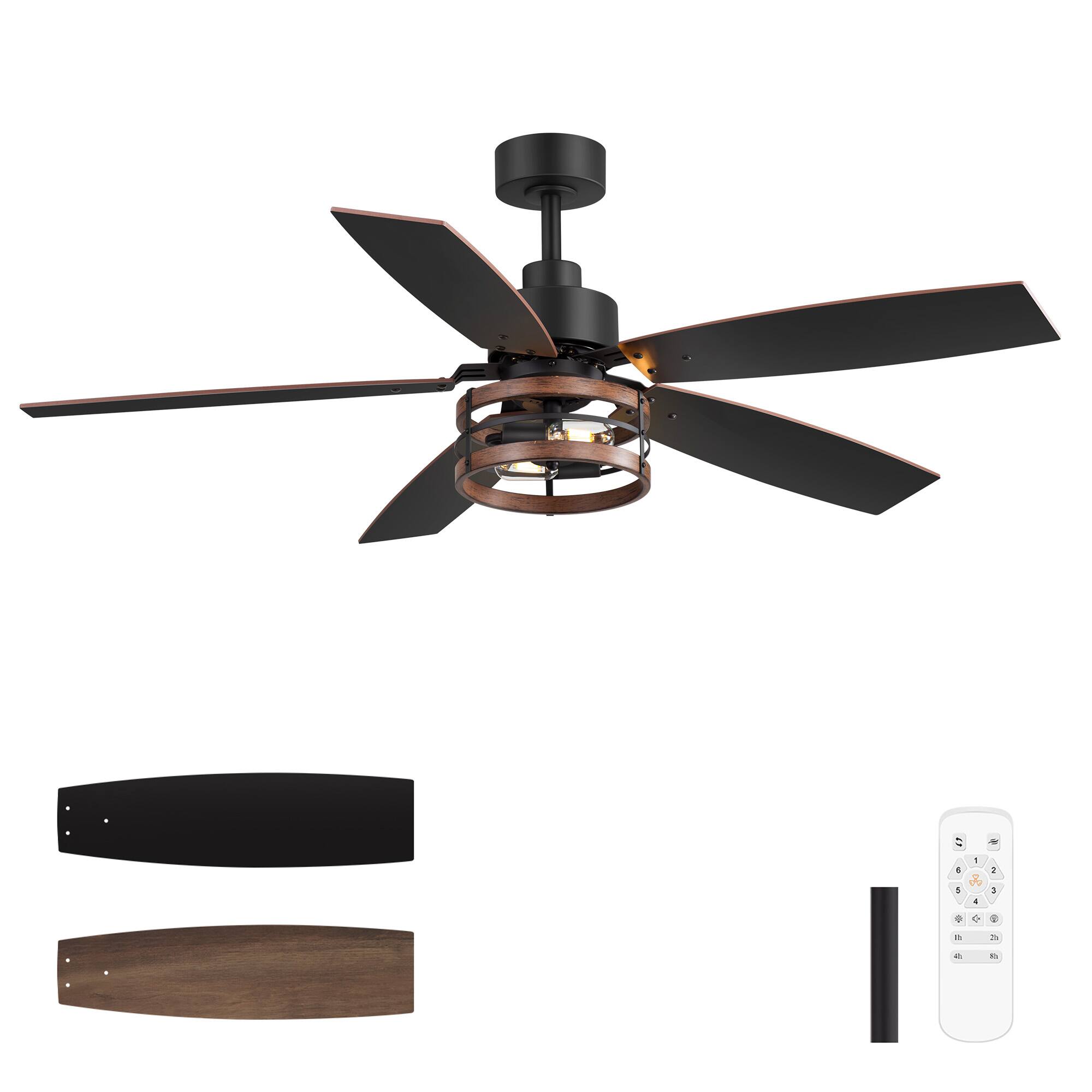 Alt View 9. Breezary - 52'' Walnut Wood Indoor Ceiling Fan with Two-Tier Iron-Ring Lantern Shade, Timer, DC Motor, Remote & 6″ Downrod - Matte Black and Brown.