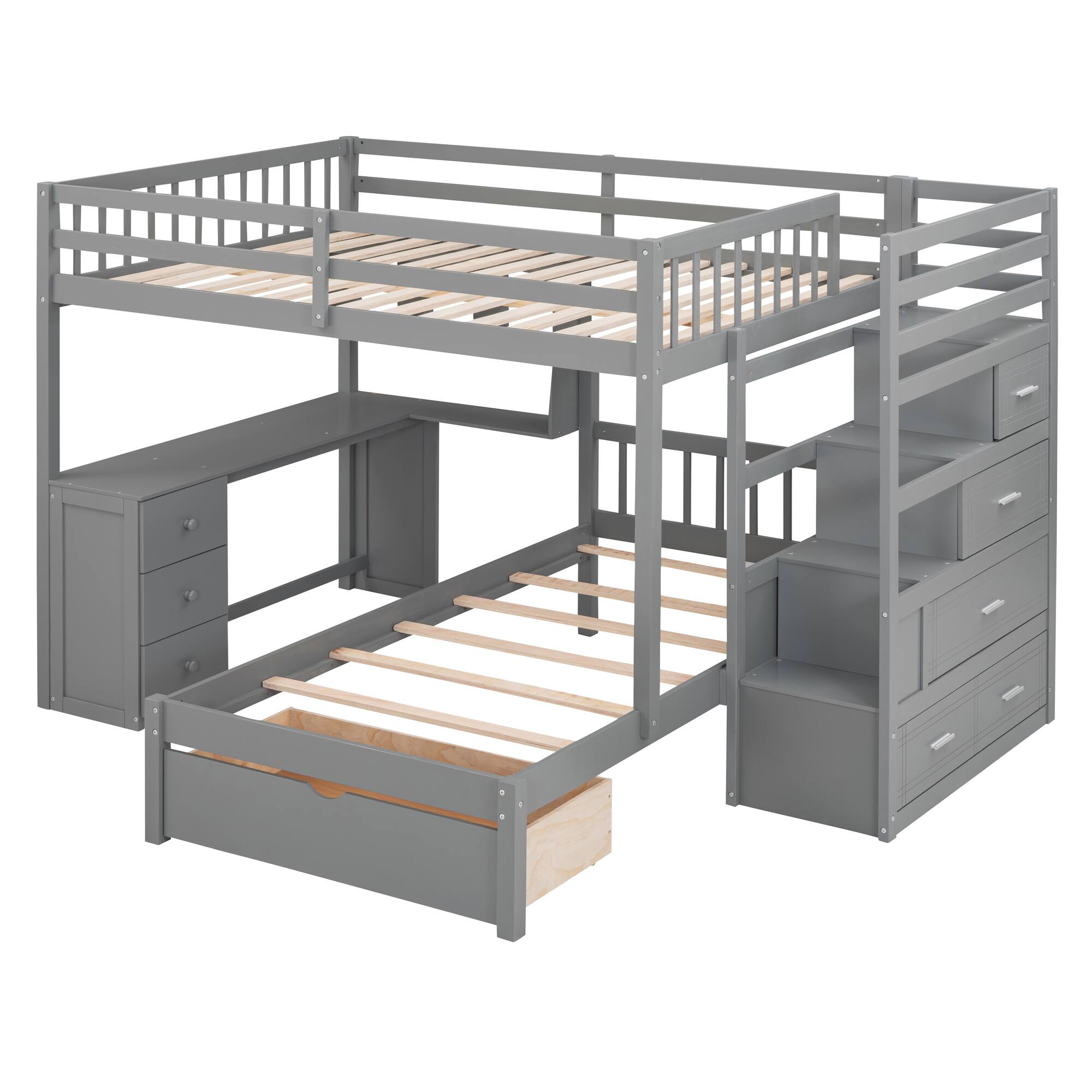 Alt View 1. Tiramisubest - Full Over Twin Bunk Bed with Desk, Gray - Solid Wood, 98x80x65 inches, Space-Saving - Gray.