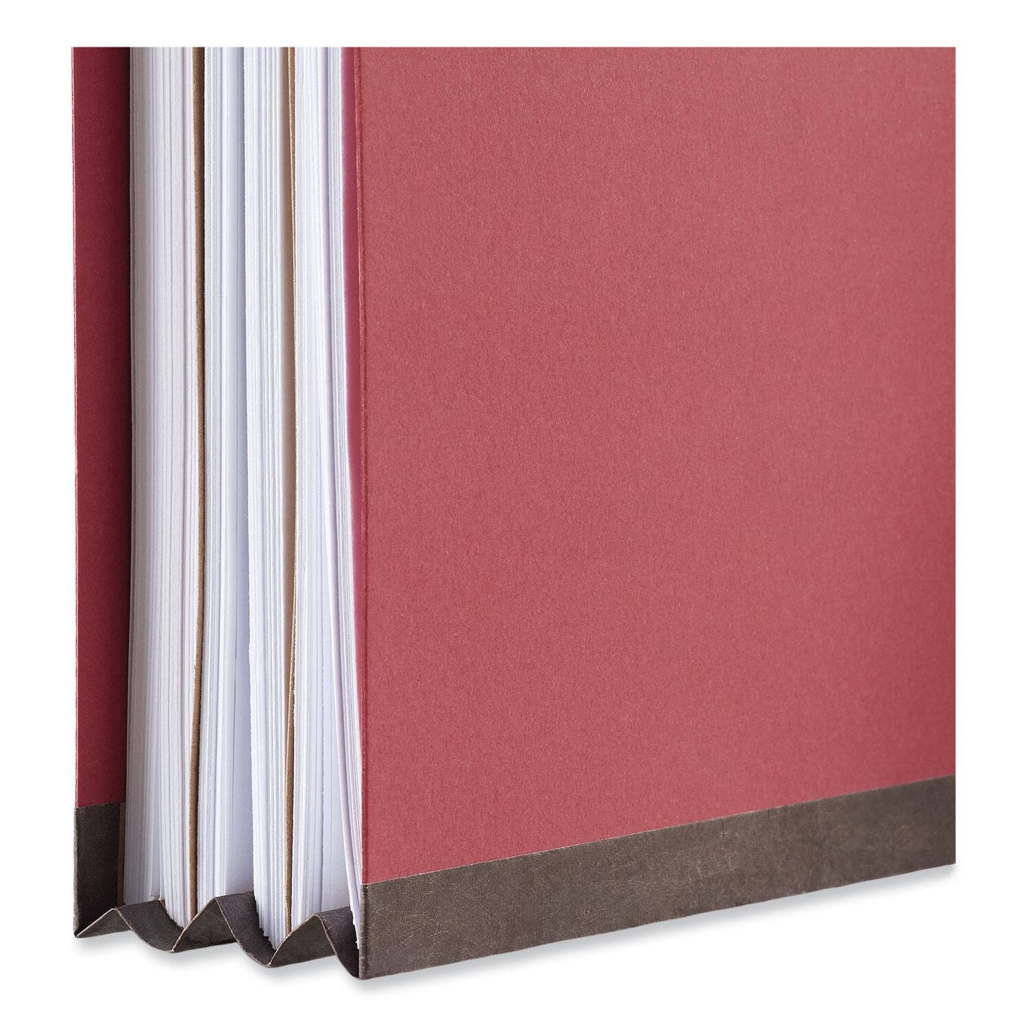 Left. Universal - Bright Colored Pressboard Classification Folders, 2" Expansion, 2 Dividers, 6 Fasteners, Legal Size, Ruby Red, 10/Box.